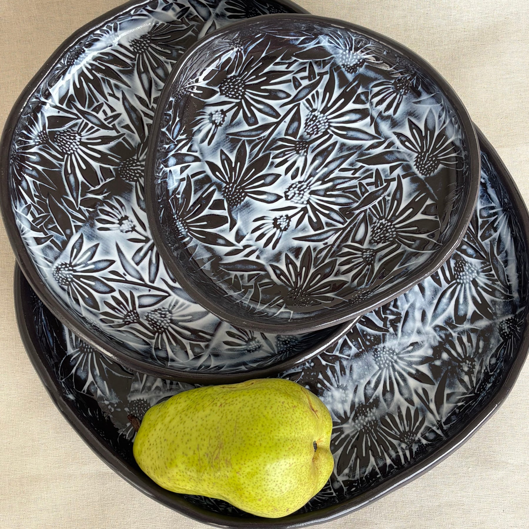 Handmade Ceramic Large Serving Plate | Low Flat Bowl | Slab Rolled Black Clay | Organic Irregular Shape | Floral