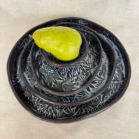 Handmade Ceramic Large Serving Plate | Low Flat Bowl | Slab Rolled Black Clay | Organic Irregular Shape | Floral