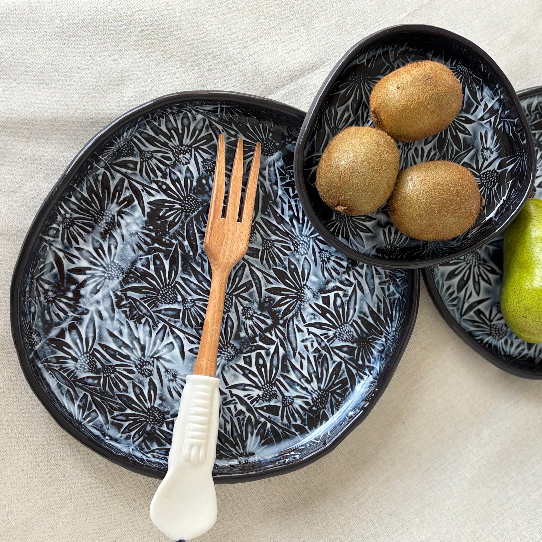 Handmade Ceramic Large Serving Plate | Low Flat Bowl | Slab Rolled Black Clay | Organic Irregular Shape | Floral