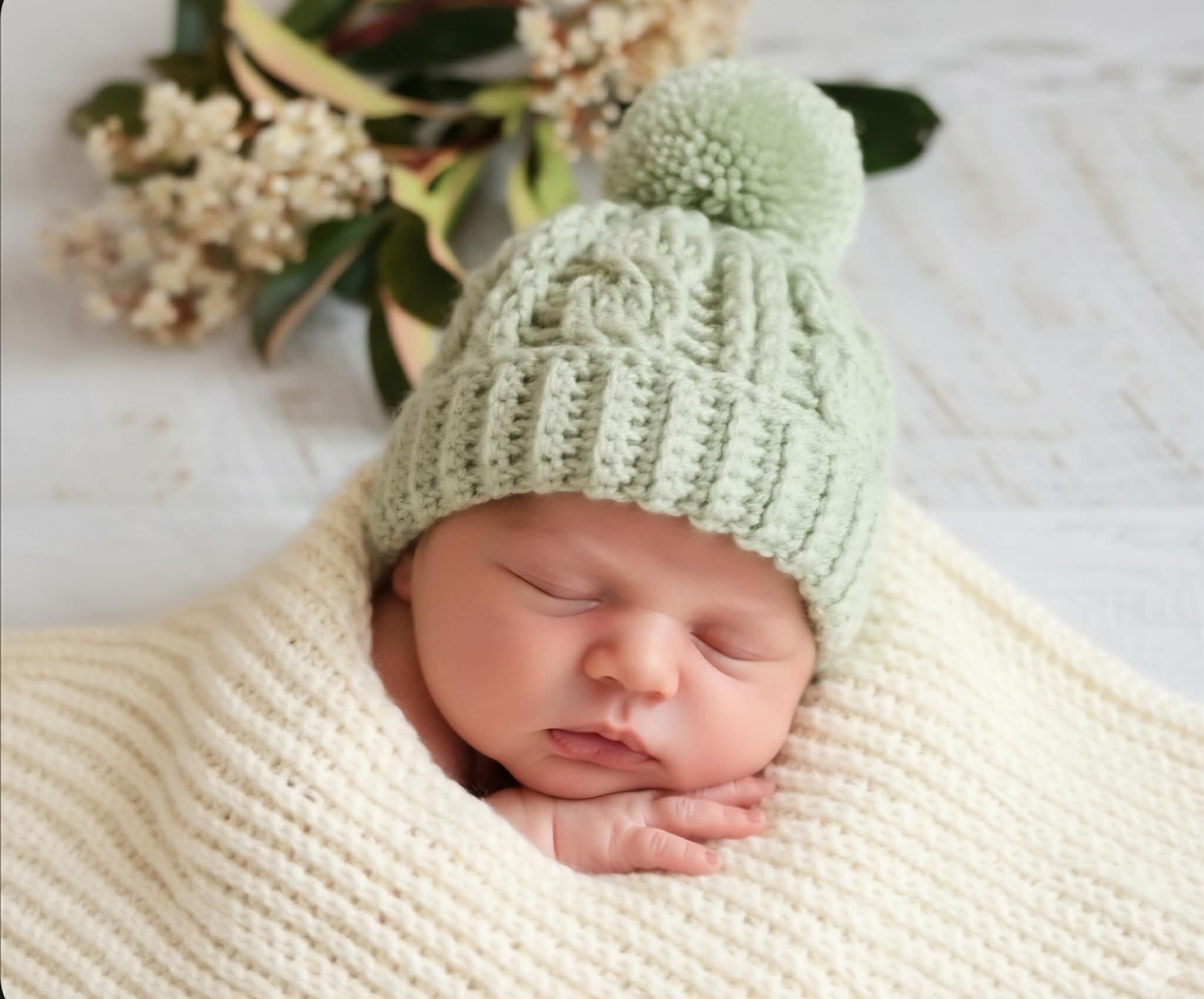 Baby Beanie | Sage Green |Newborn | Crochet| Knit | Cable | Hat