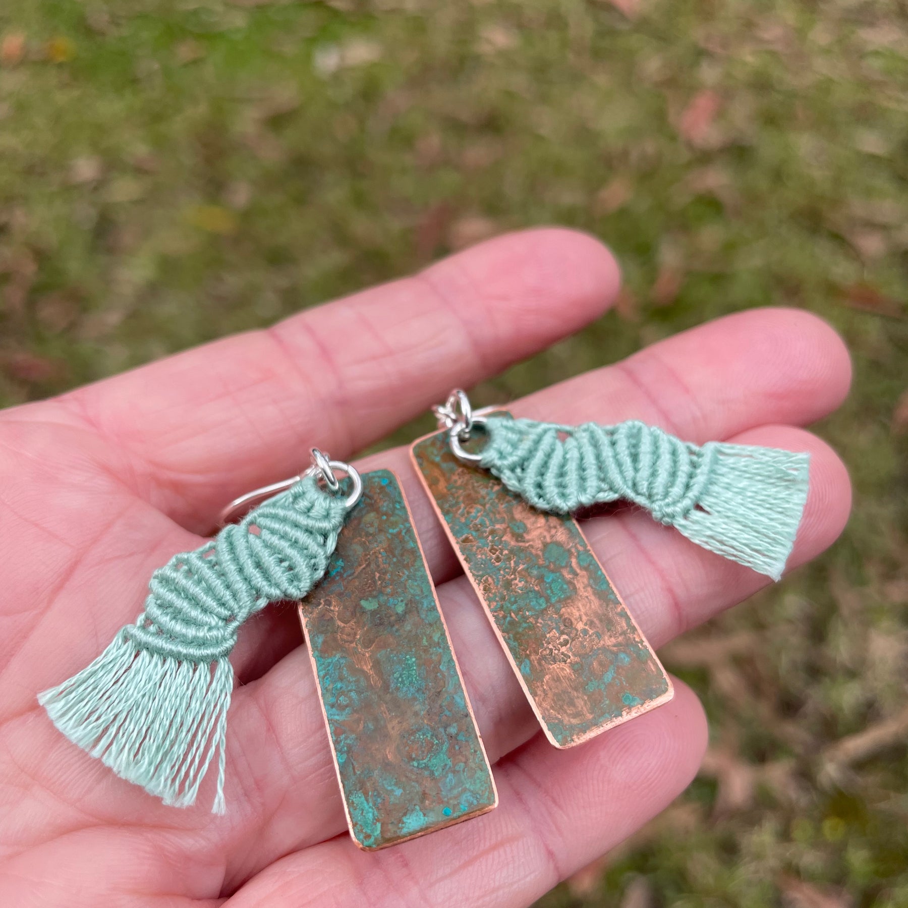 Sage green macrame thread on patinated copper