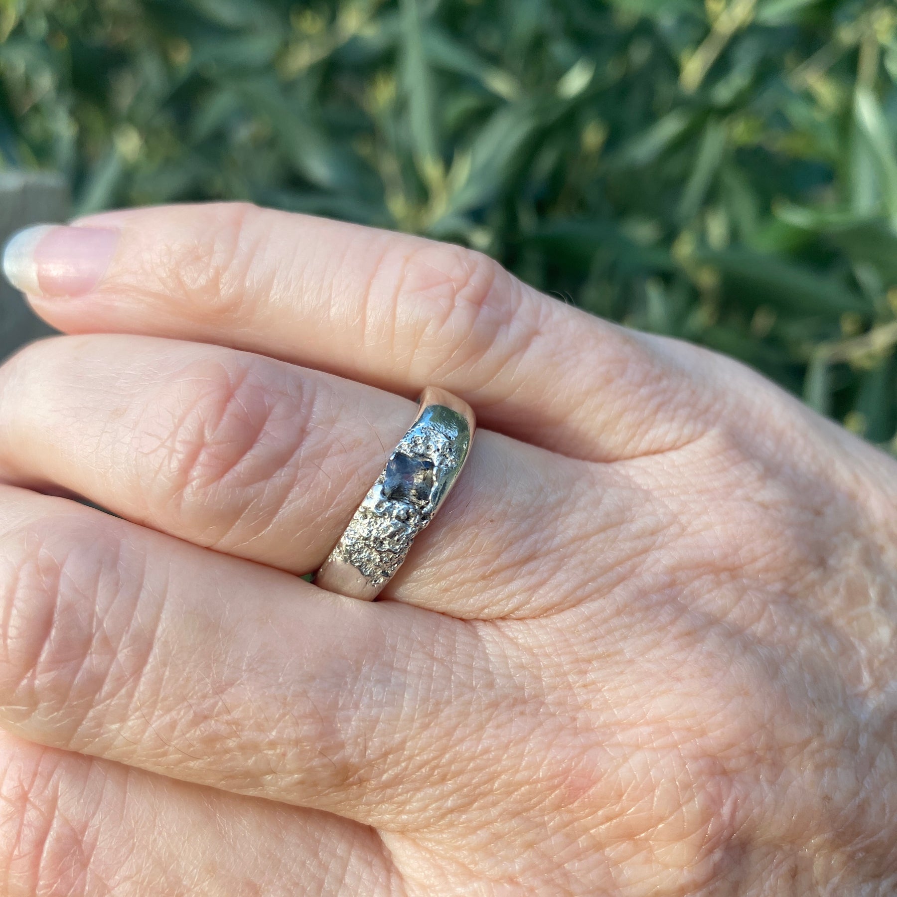 Rockpool Ring – Beach Sand Cast Sterling Silver & Smoky Nanosital – Size N