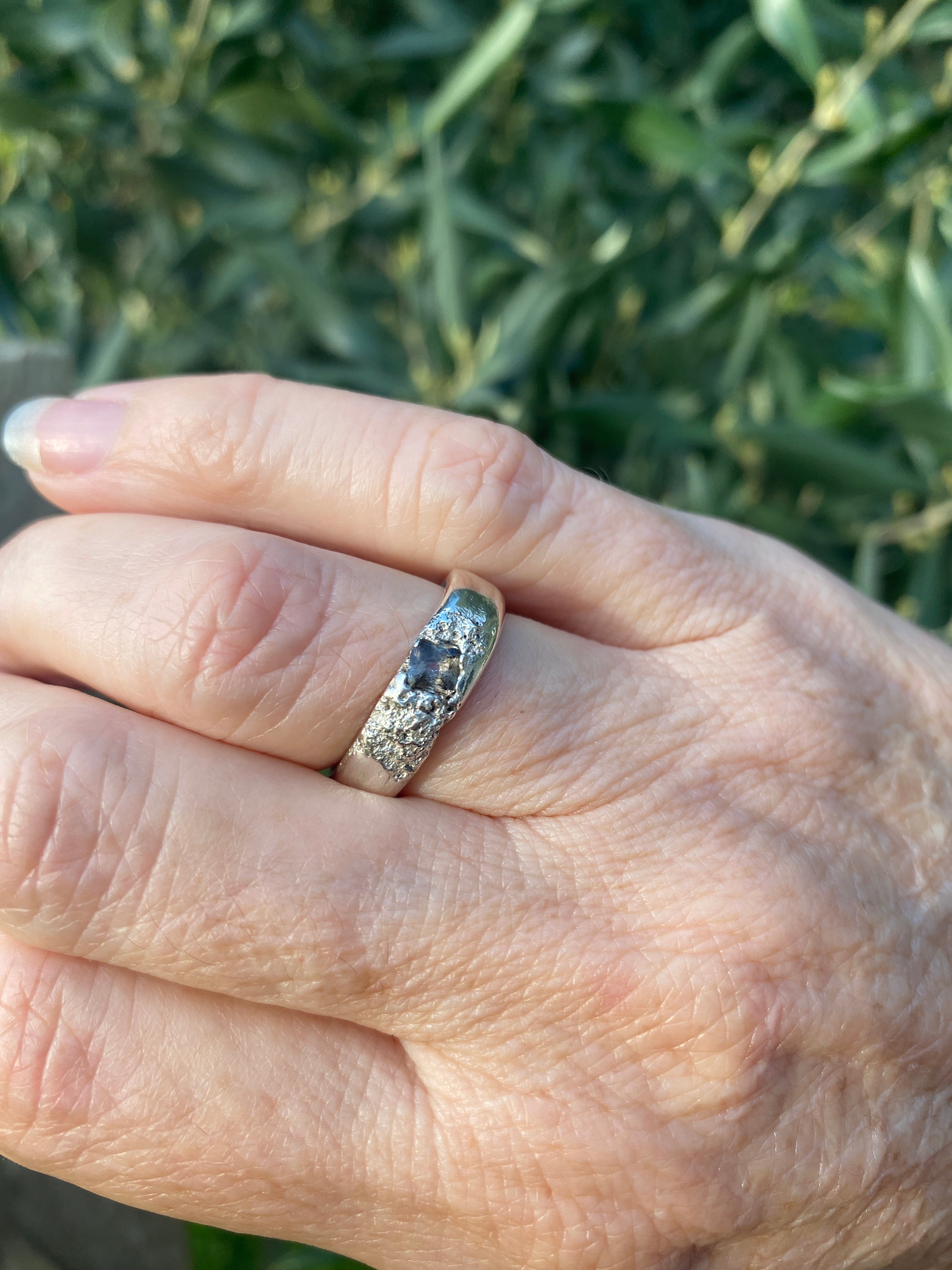 Rockpool Ring – Beach Sand Cast Sterling Silver & Smoky Nanosital – Size N