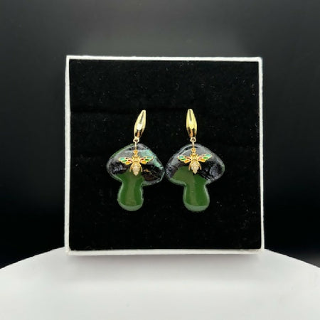 Emerald Mushroom Bee Earrings