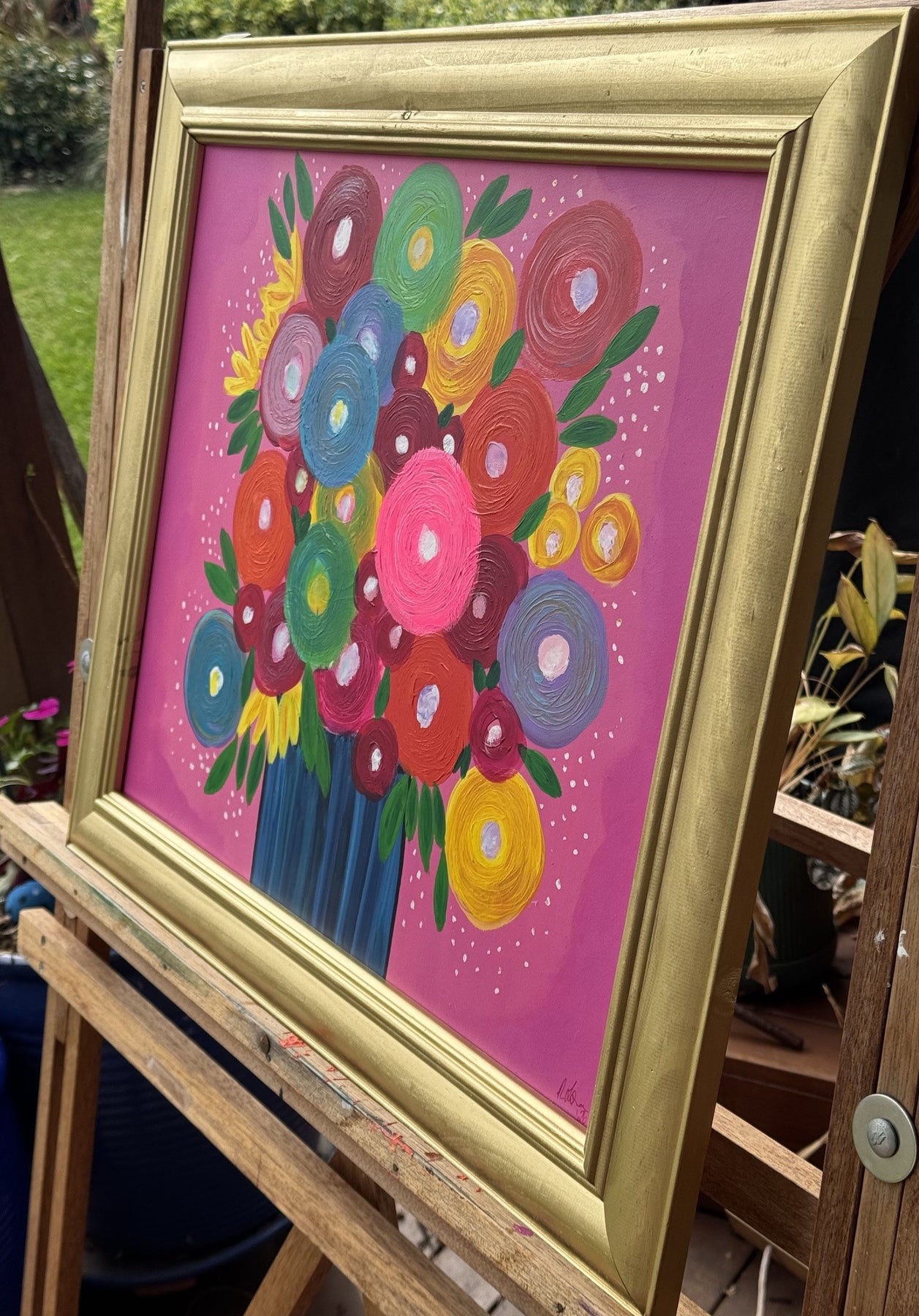 In Full Bloom – Original Colourful Floral Acrylic Painting in Upcycled Gold Frame