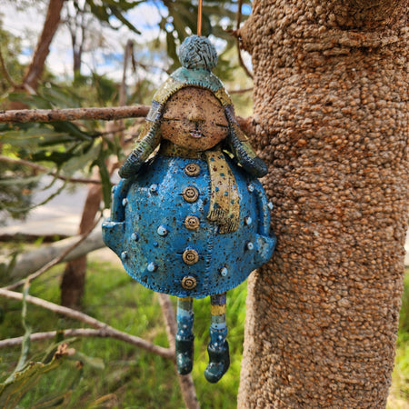 Clay windchime, little girl, blue