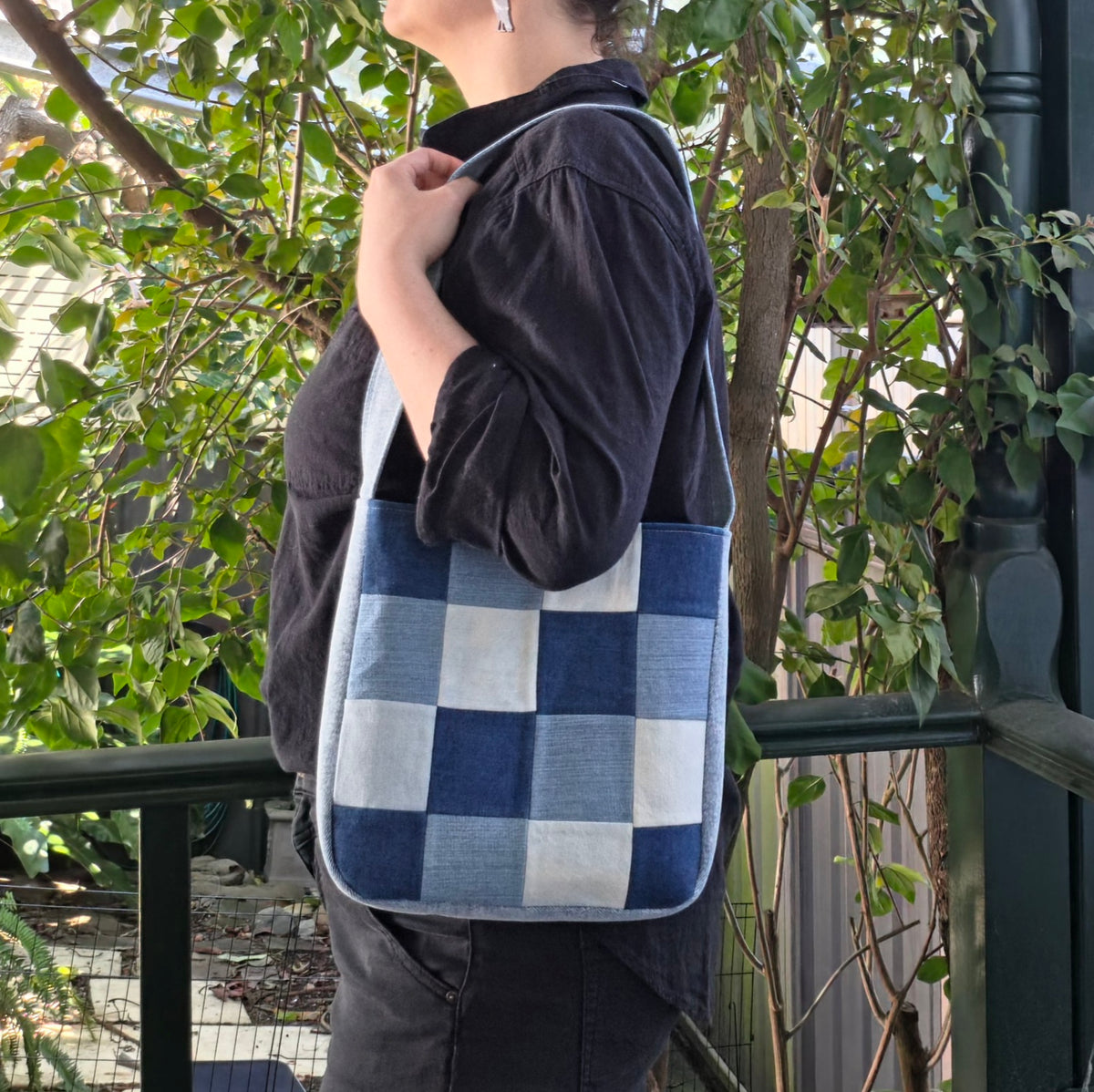 Upcycled Denim Jeans & Pre-loved Fabrics Checkered Handbag