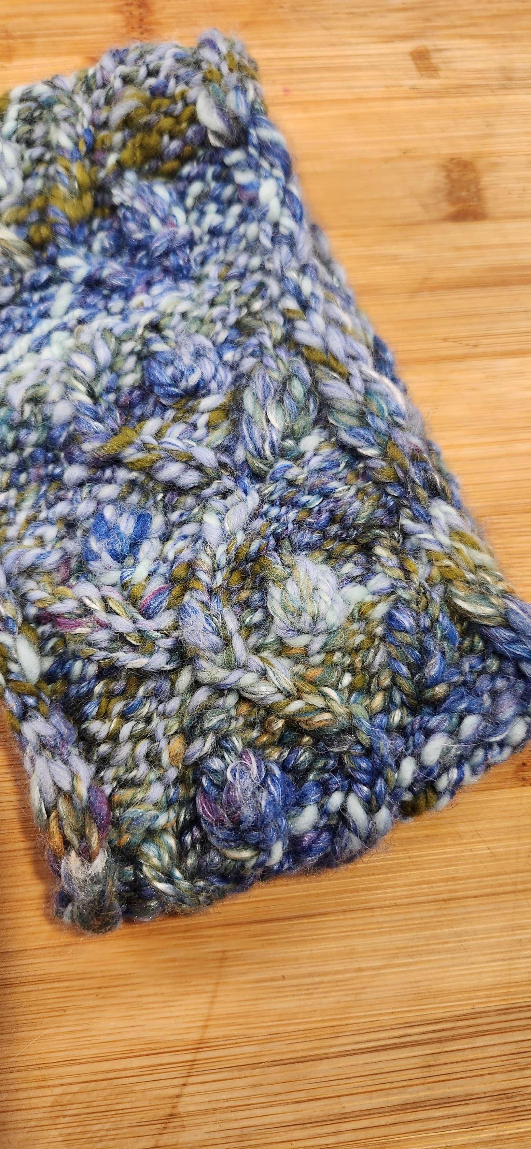 Hand Spun, hand Knitted Blue and Green Botanical Head Band