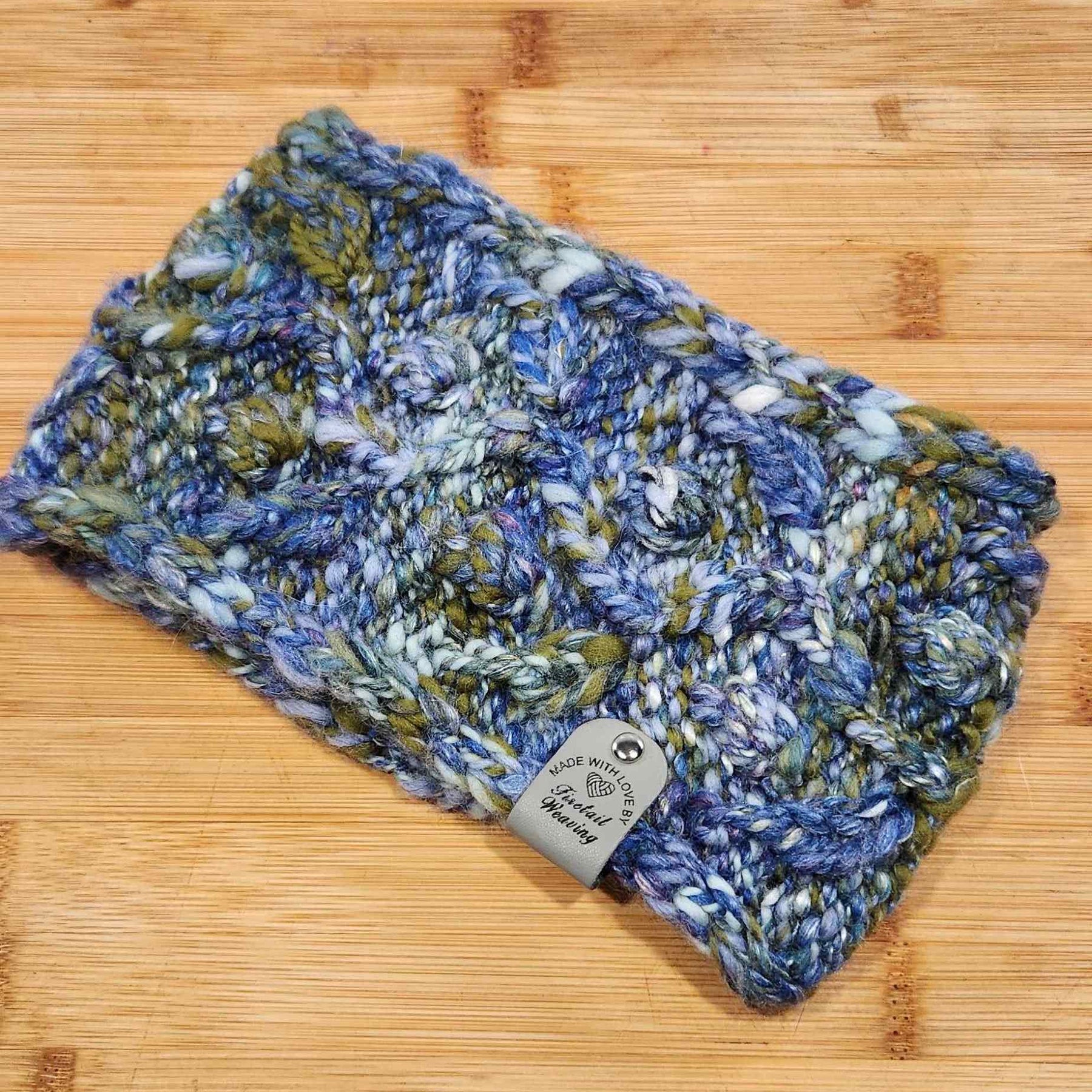 Hand Spun, hand Knitted Blue and Green Botanical Head Band