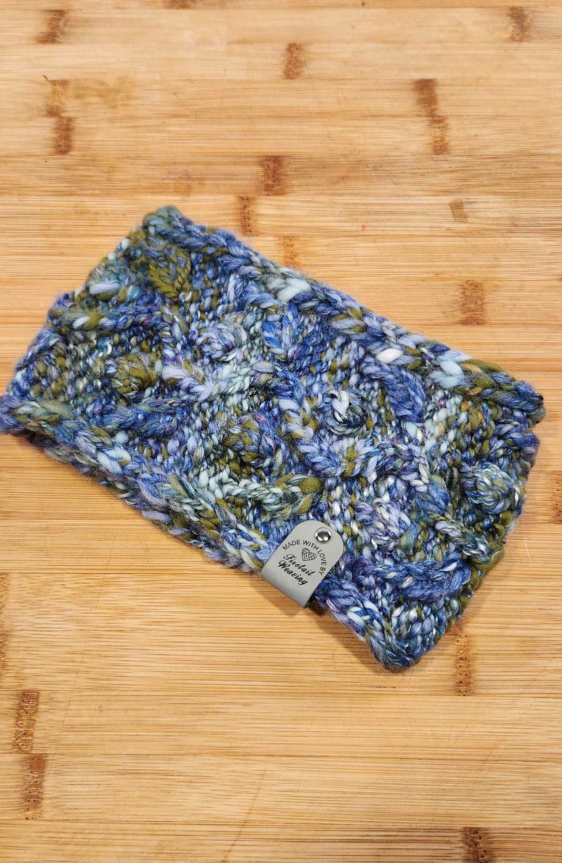 Hand Spun, hand Knitted Blue and Green Botanical Head Band