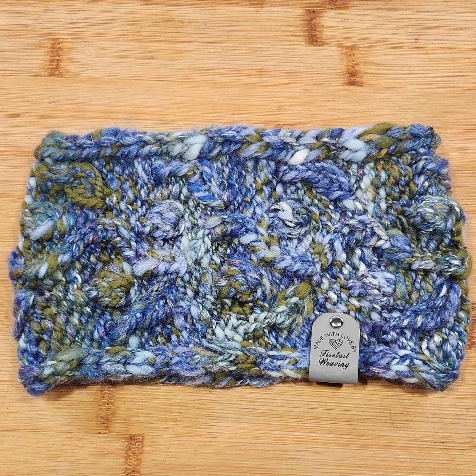 Hand Spun, hand Knitted Blue and Green Botanical Head Band