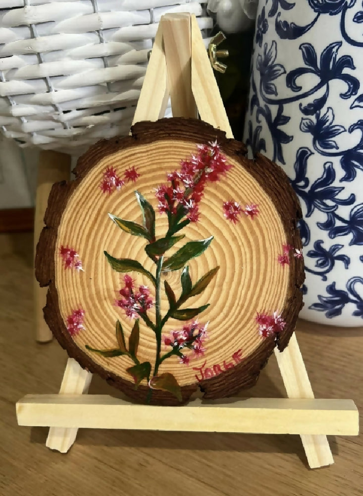 Botanical on sliced log with easel display