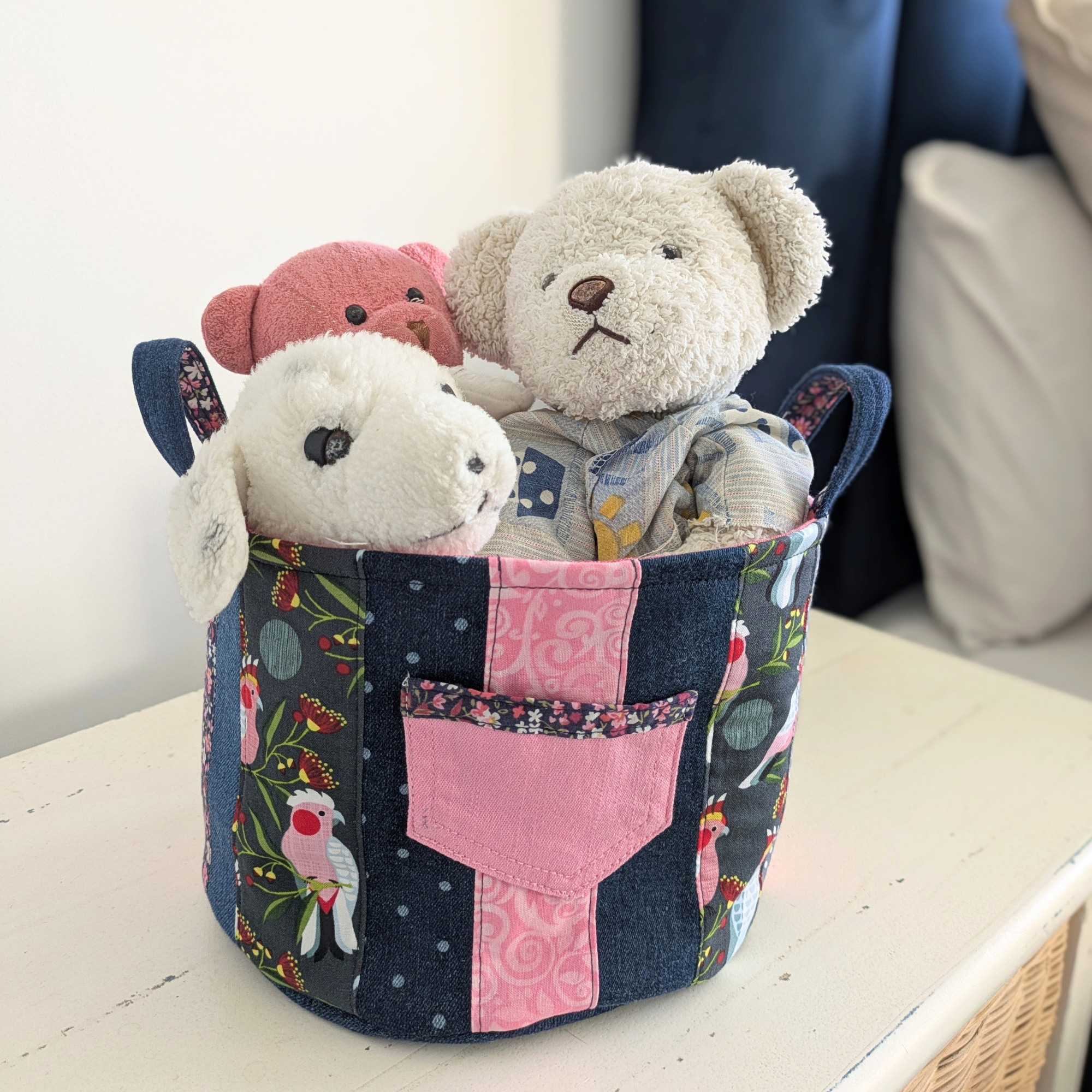 Upcycled Denim, Storage Basket, Australian Pink Galah