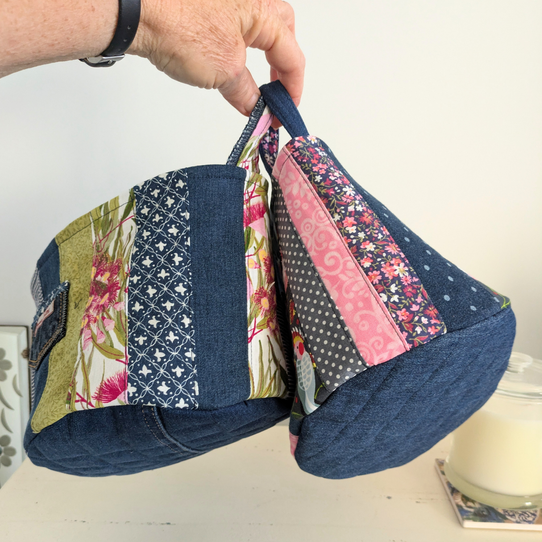 Upcycled Denim, Storage Basket, Australian Pink Galah