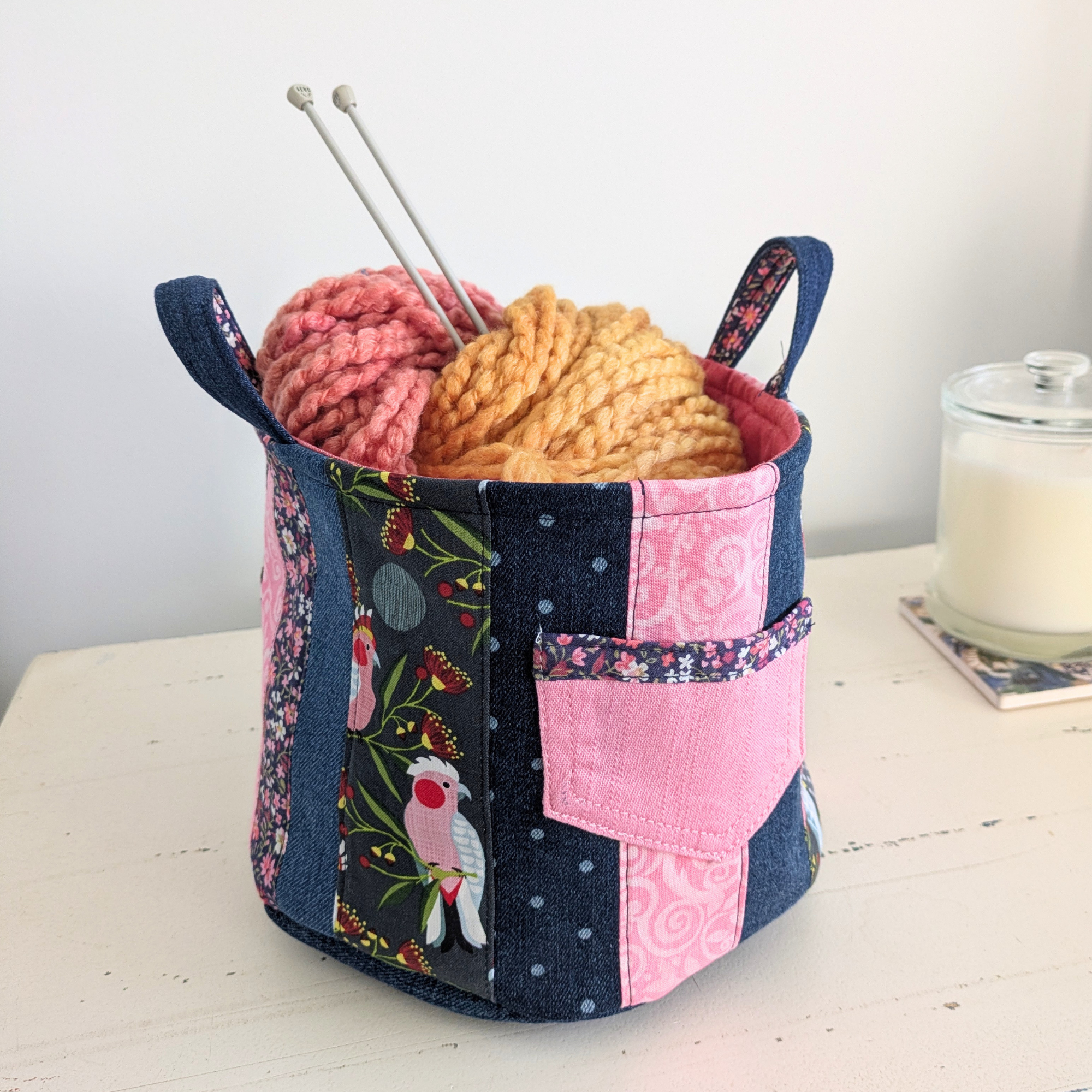 Upcycled Denim, Storage Basket, Australian Pink Galah