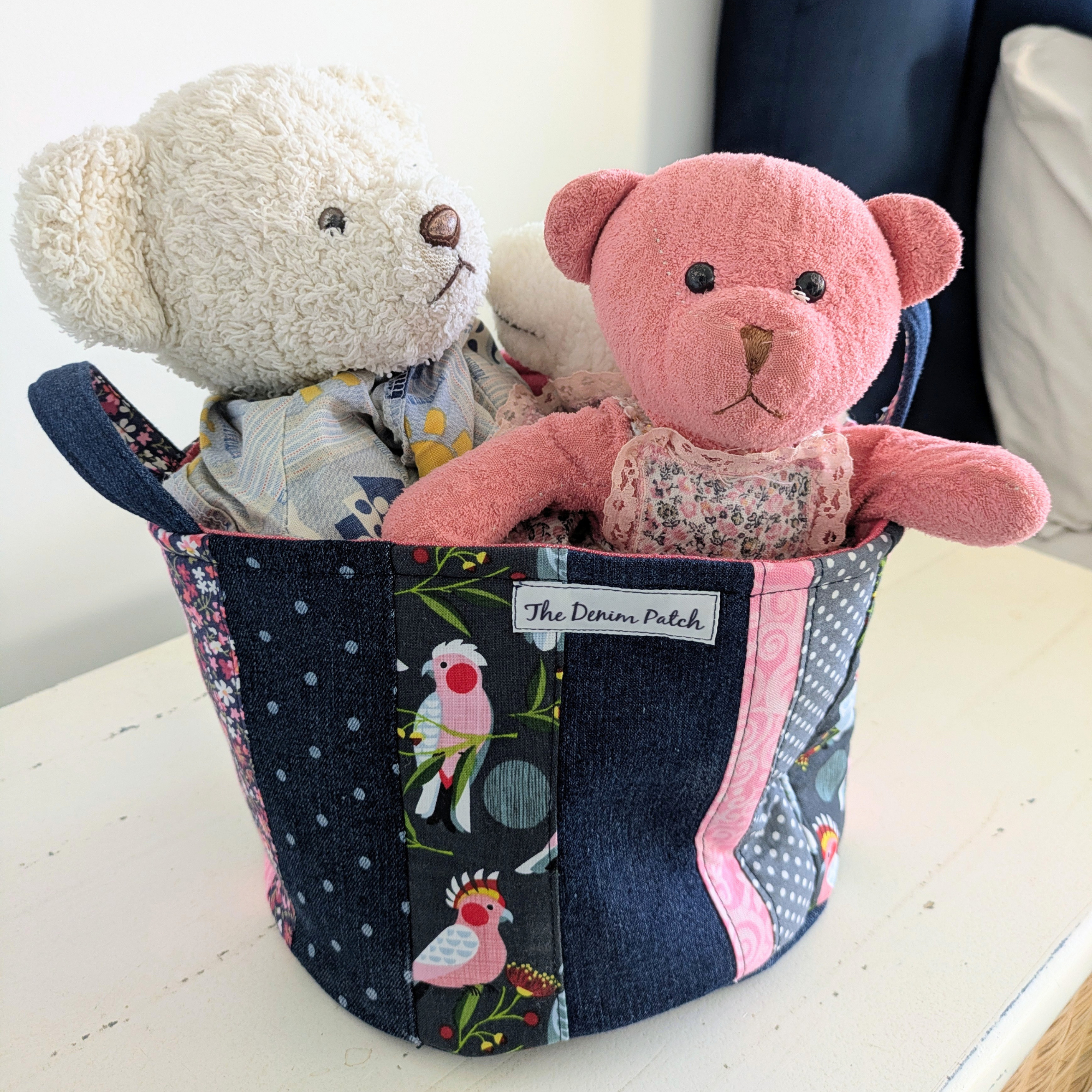 Upcycled Denim, Storage Basket, Australian Pink Galah