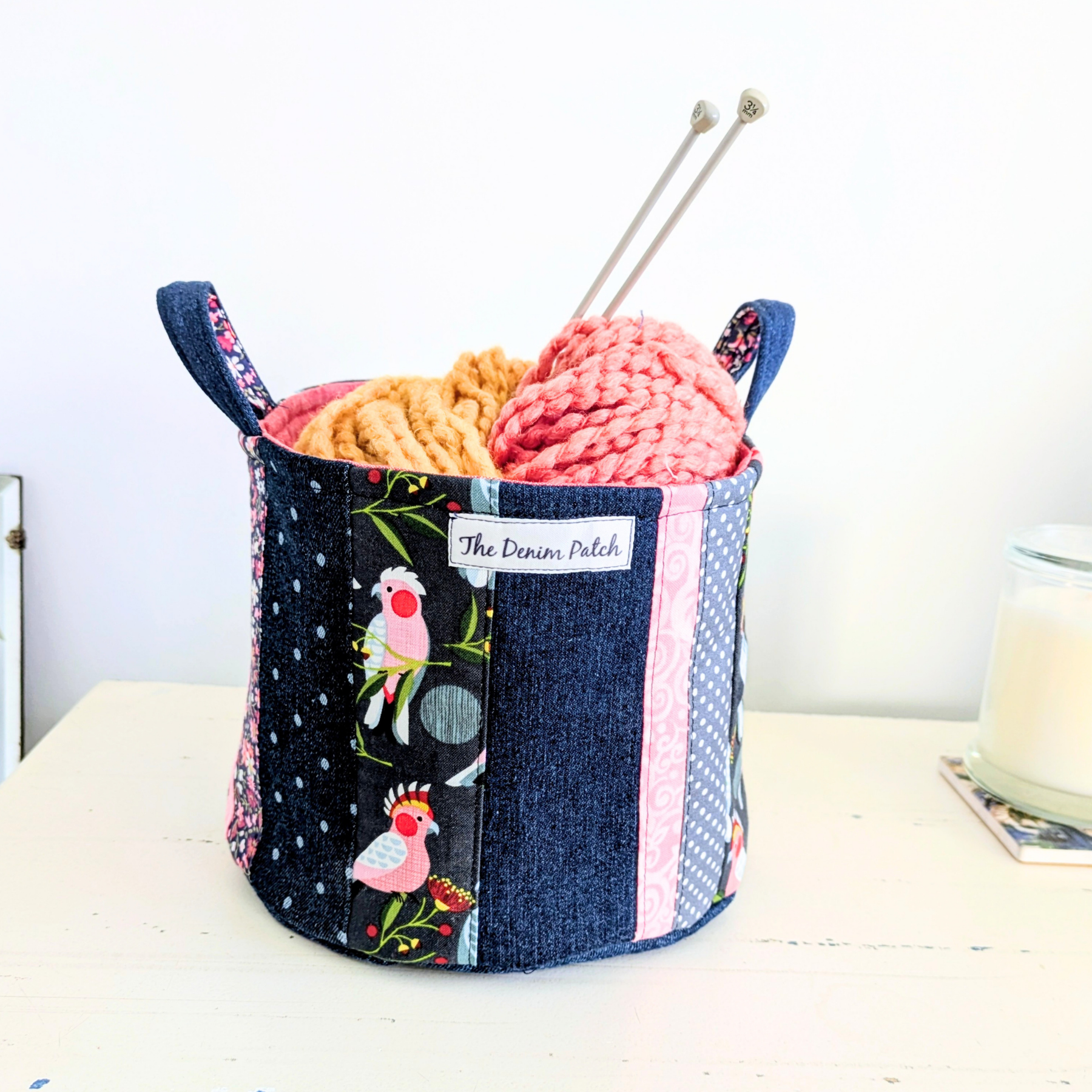 Upcycled Denim, Storage Basket, Australian Pink Galah