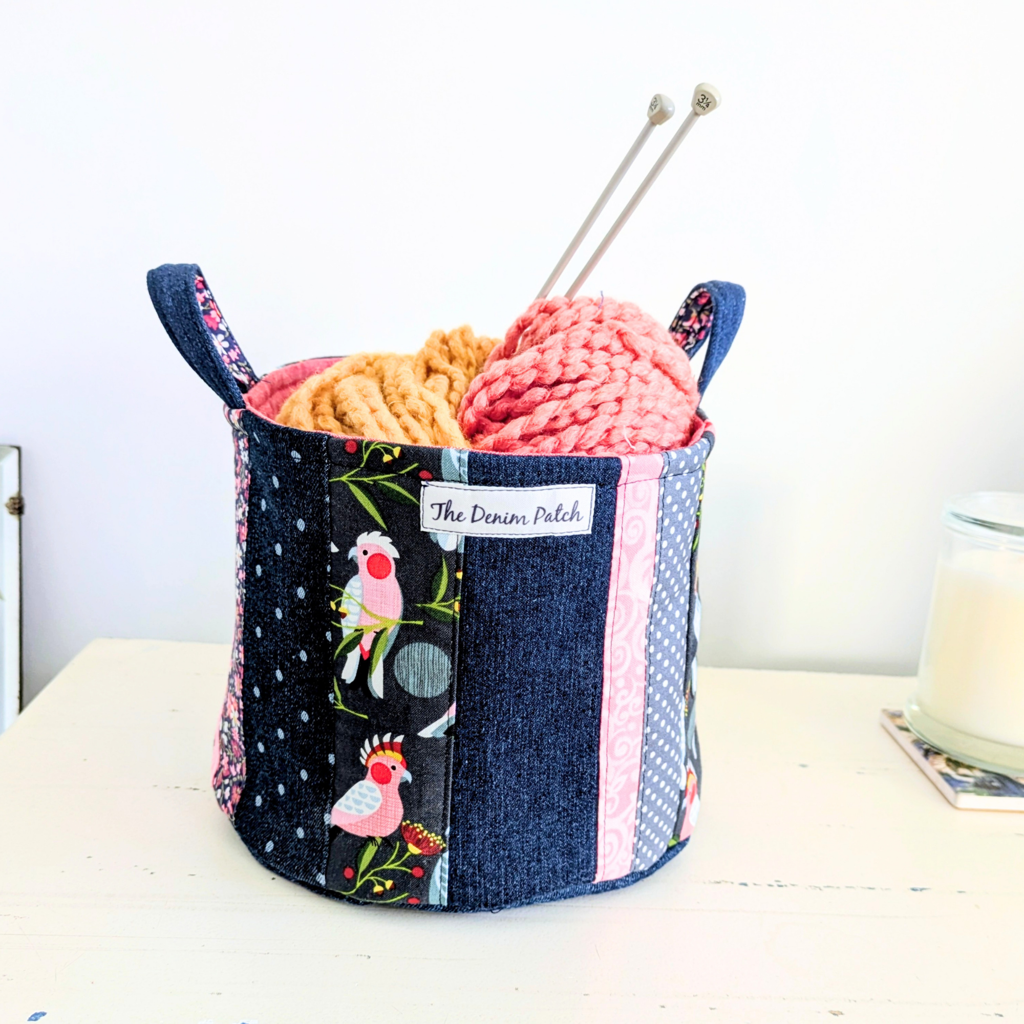 Upcycled Denim, Storage Basket, Australian Pink Galah