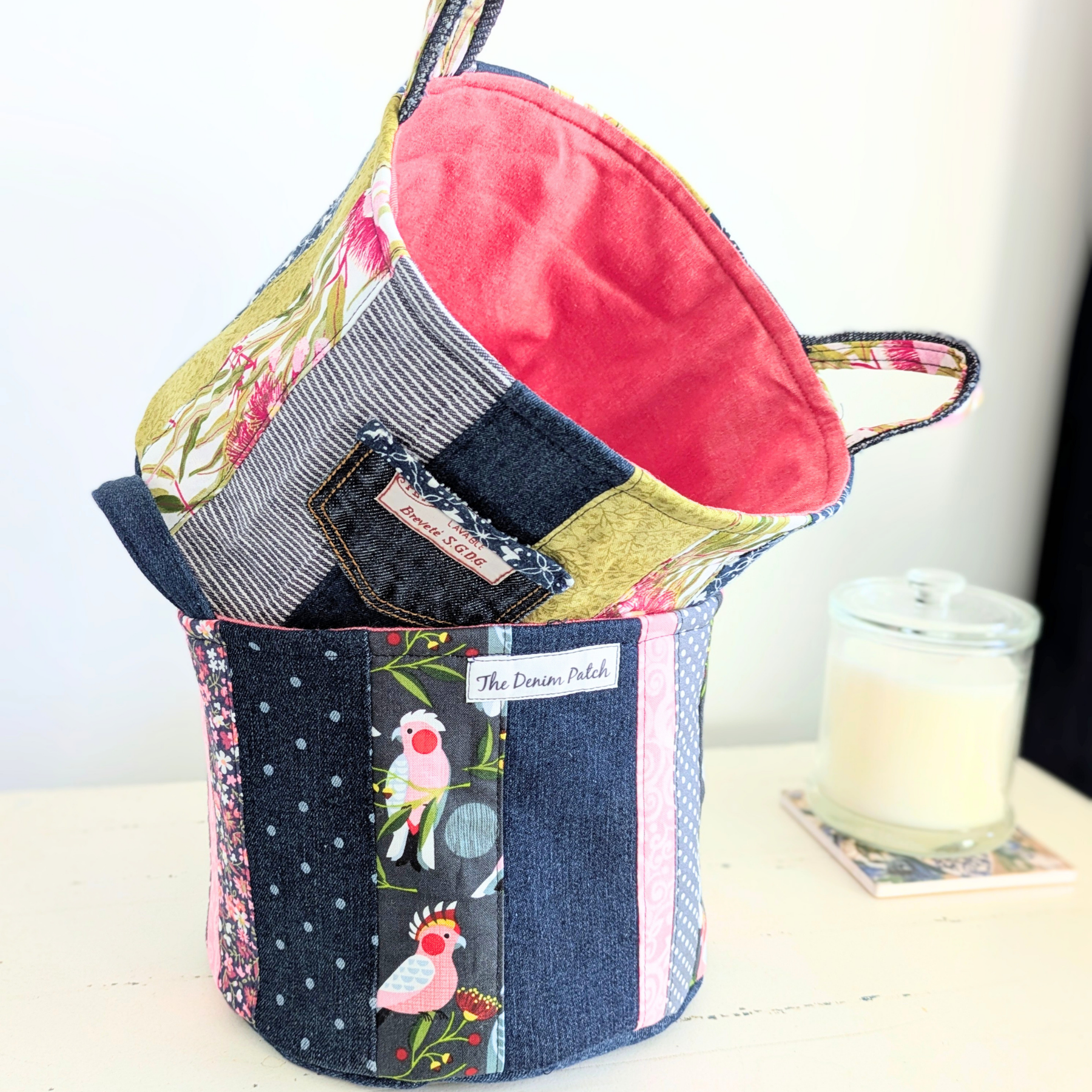 Upcycled Denim, Storage Basket, Australian Pink Galah