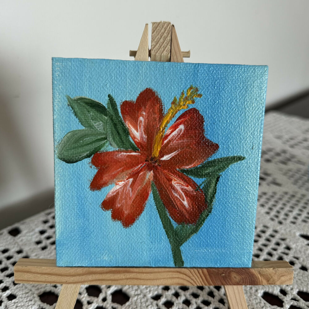 Mini Art -"Happy Hibiscus" 10cm x 10cm - comes with timber easel