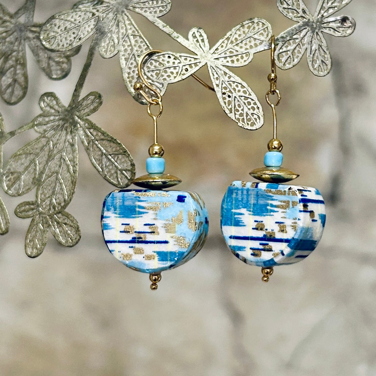 Earrings Blue Gold White Japanese Washi Paper - EB-125