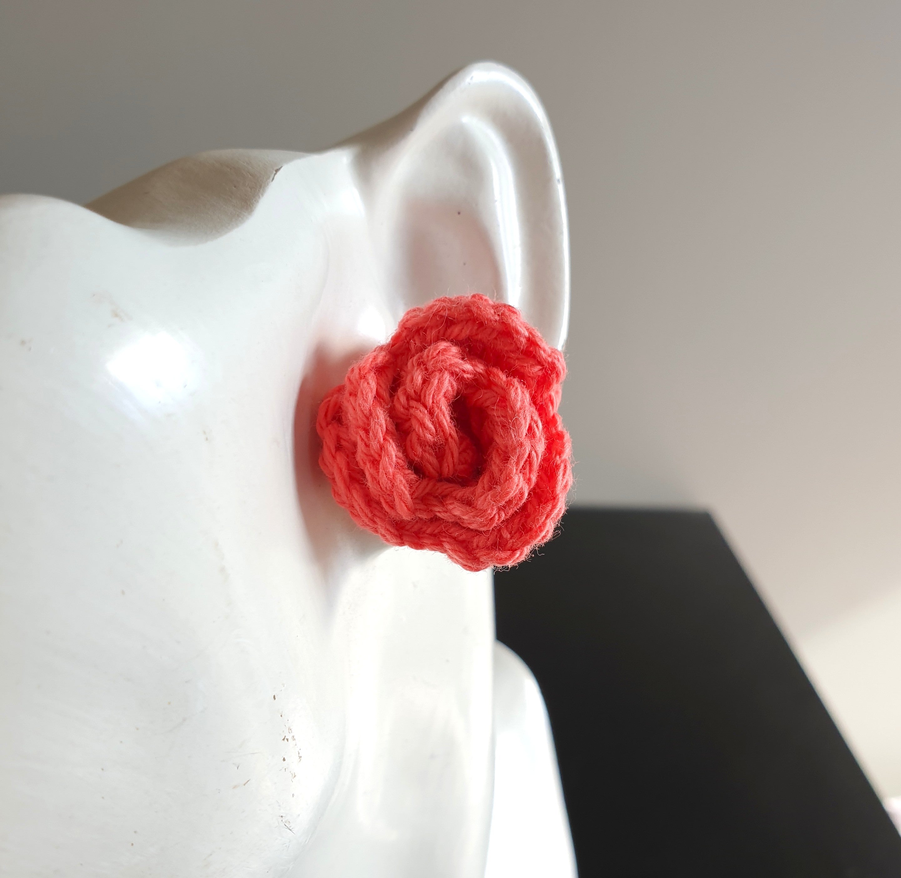 Small Hand Knitted Small Crochet Rose Flower Stud earrings : Red Pink Purple Brown Yellow Green