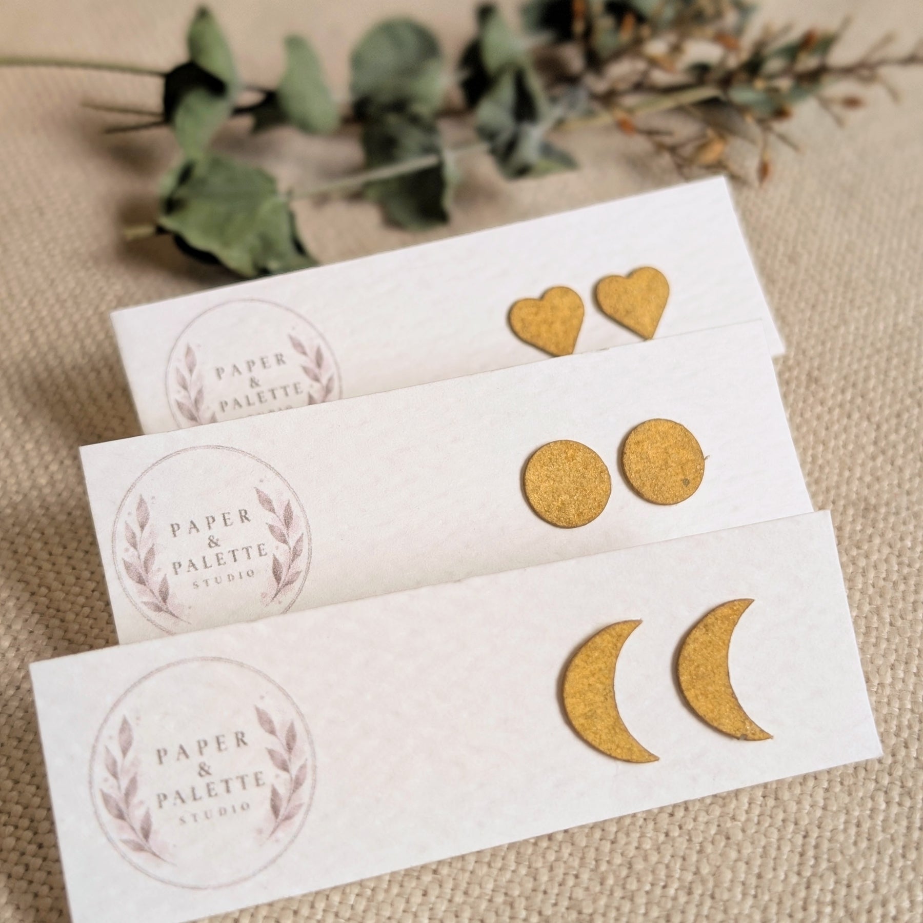 Eco Friendly Handmade Stud Earrings - Hand Painted Gold Watercolour Stud Earrings