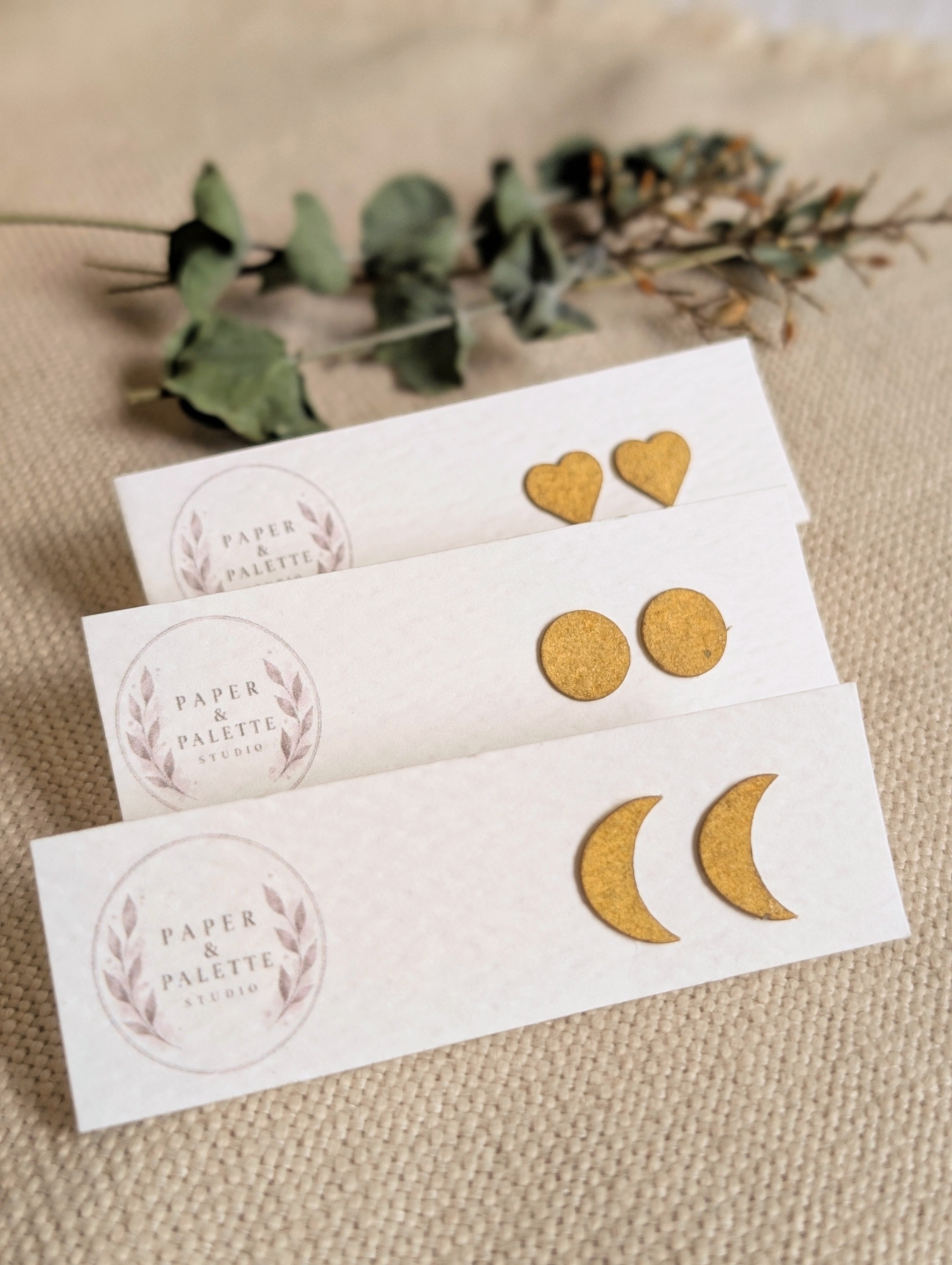 Eco Friendly Handmade Stud Earrings - Hand Painted Gold Watercolour Stud Earrings