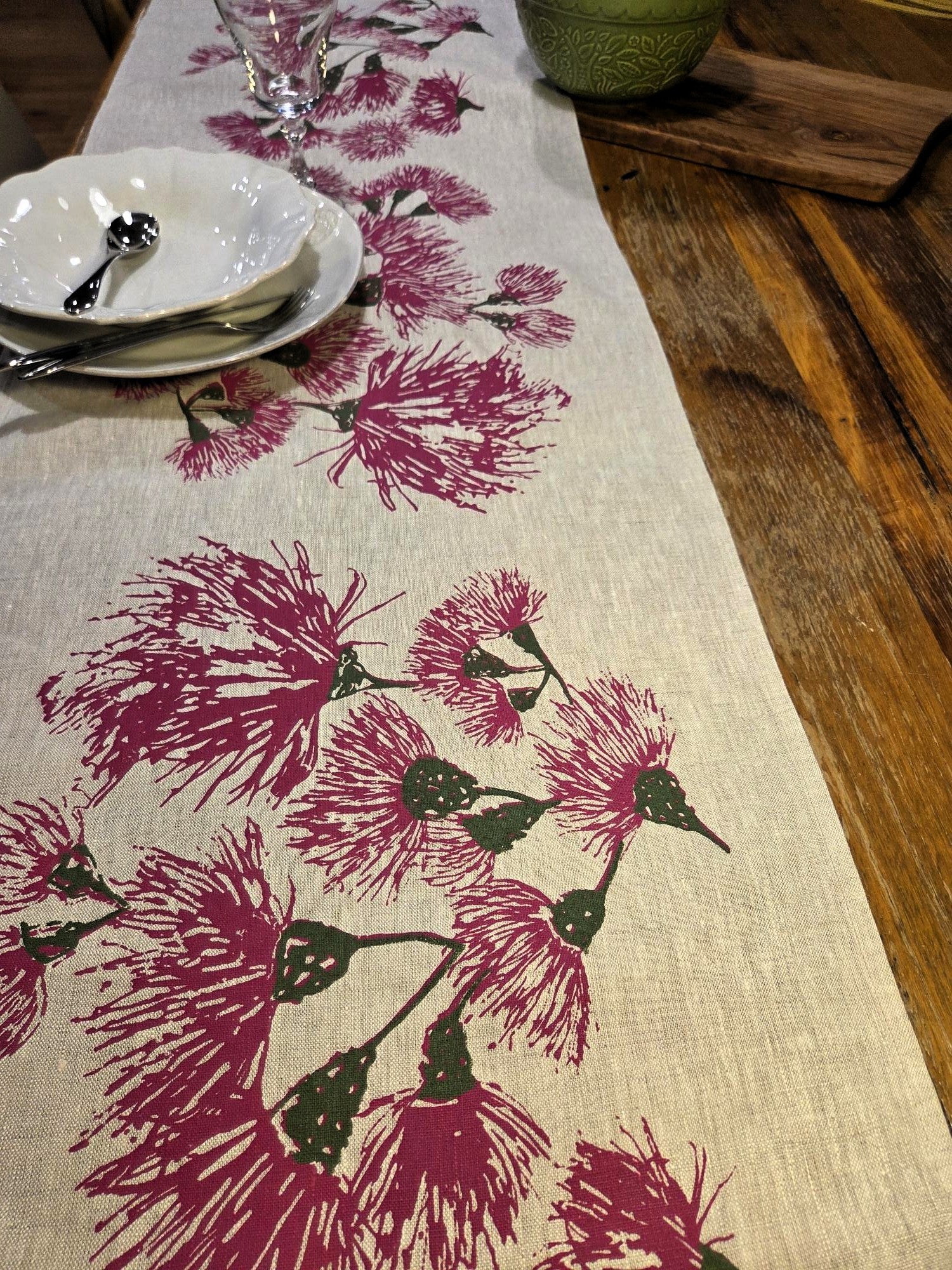 Hand Screen Printed Linen Table Runners-Eucalypt Festive Blossoms