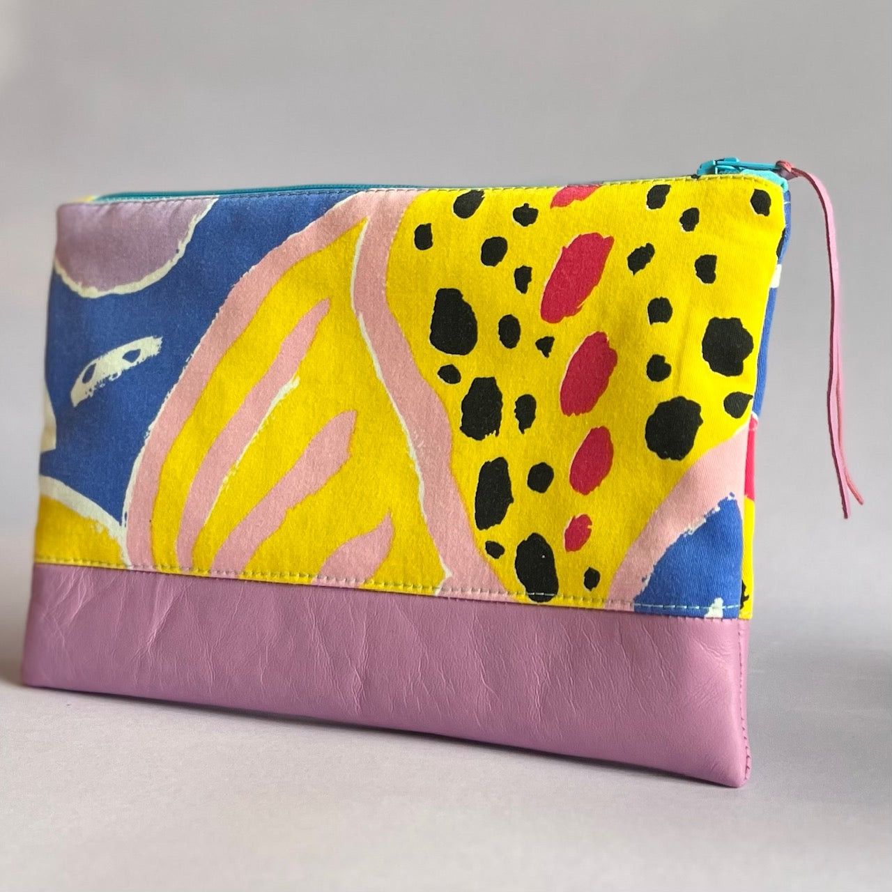 Colourful, repurposed vintage fabric zip POUCH with leather