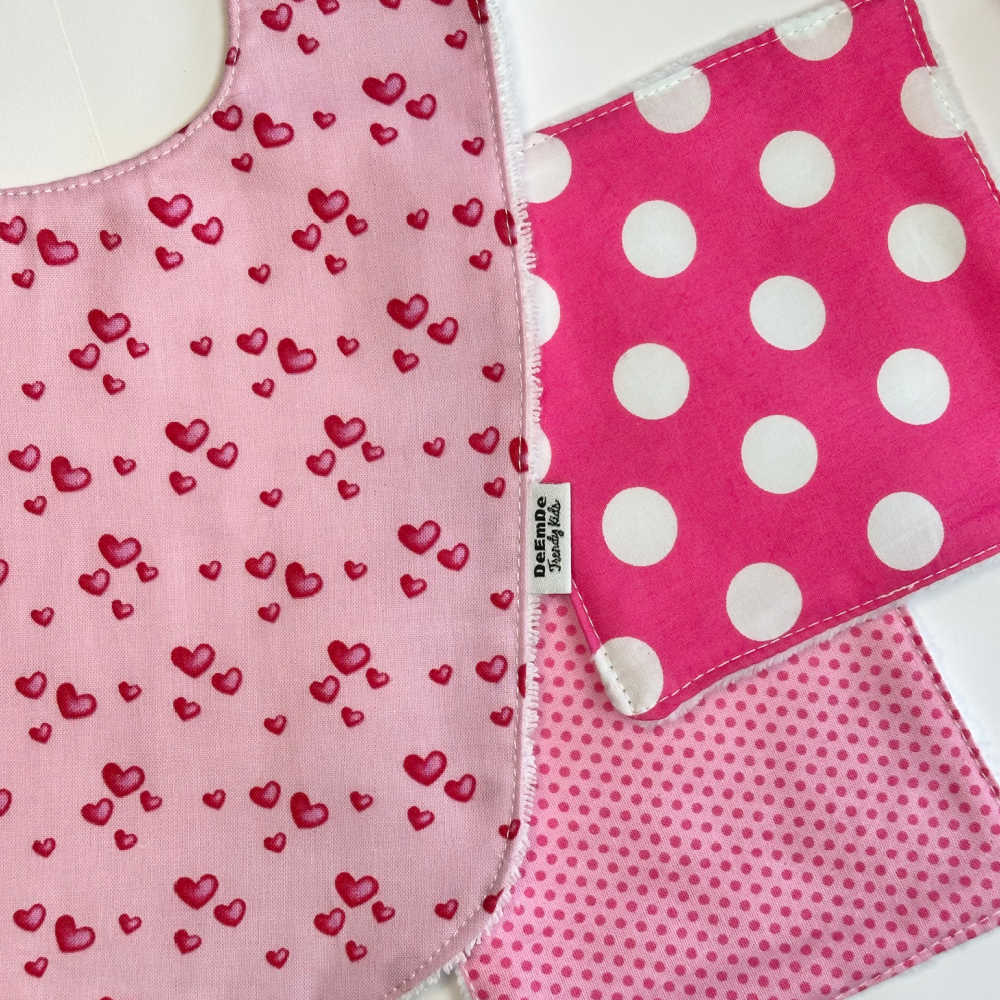 Handmade Large Size Hearts Bib & Washcloth Set