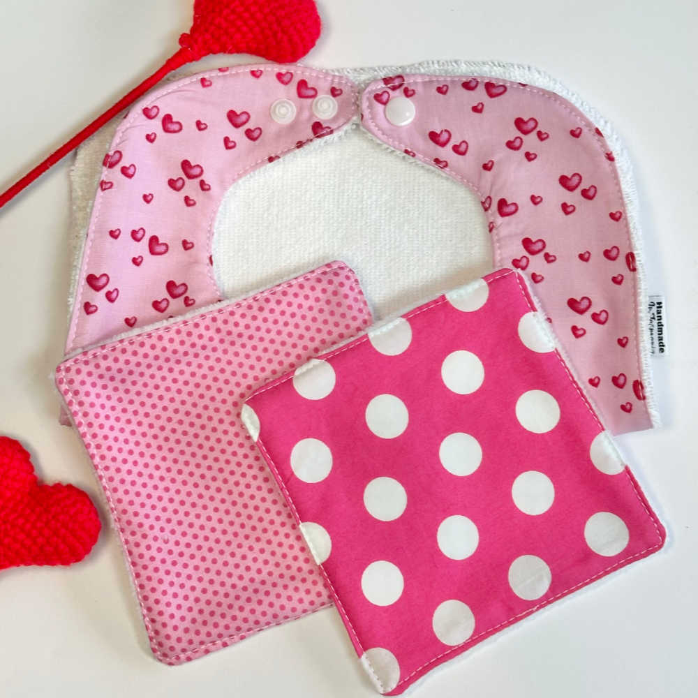 Handmade Large Size Hearts Bib & Washcloth Set