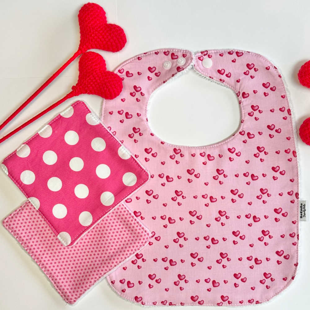 Handmade Large Size Hearts Bib & Washcloth Set