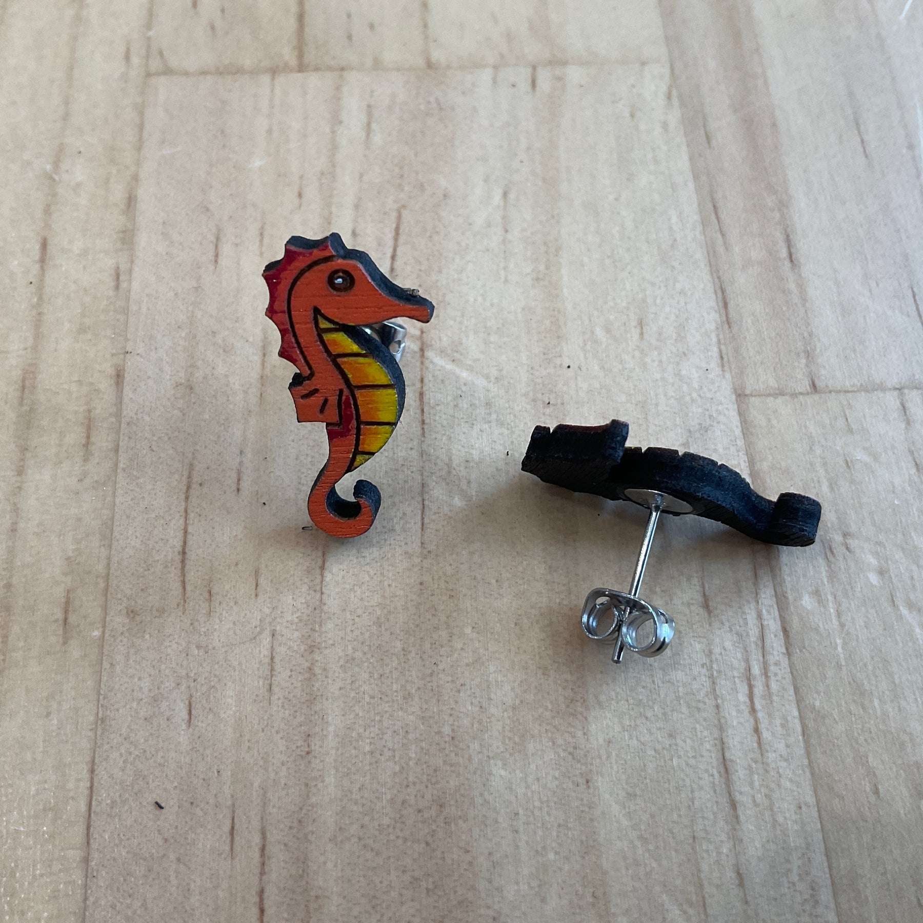 Hand-Painted Seahorse studs – Wooden Dangle Earrings, Australiana