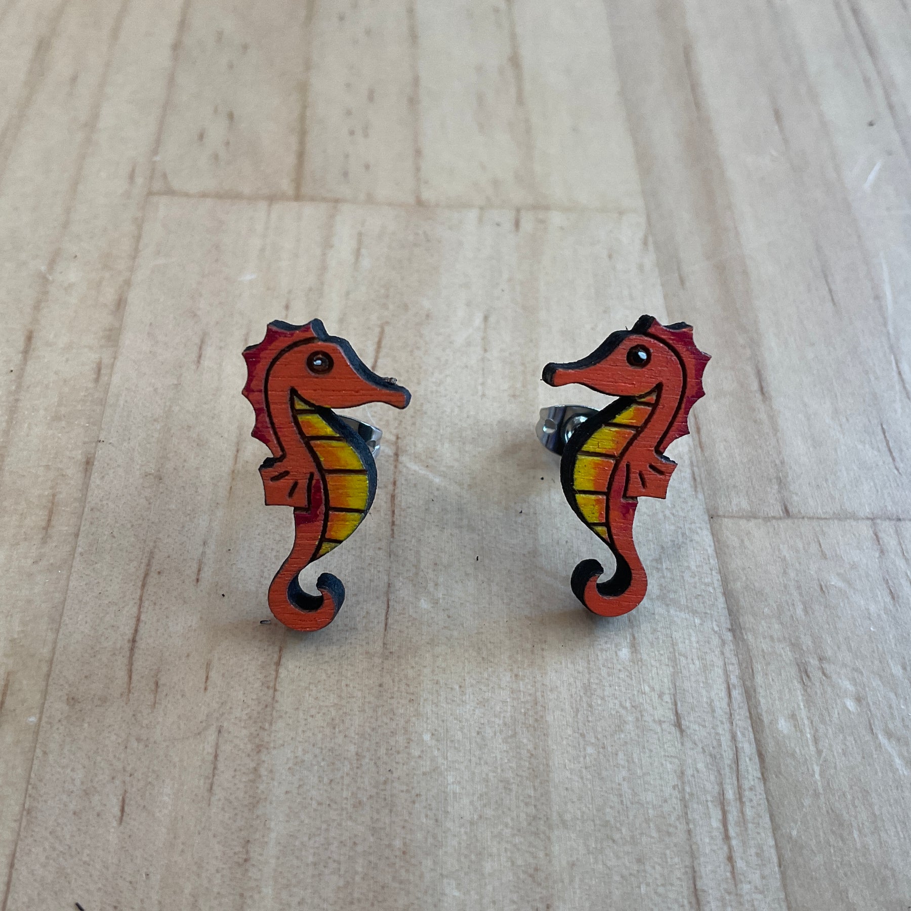 Hand-Painted Seahorse studs – Wooden Dangle Earrings, Australiana