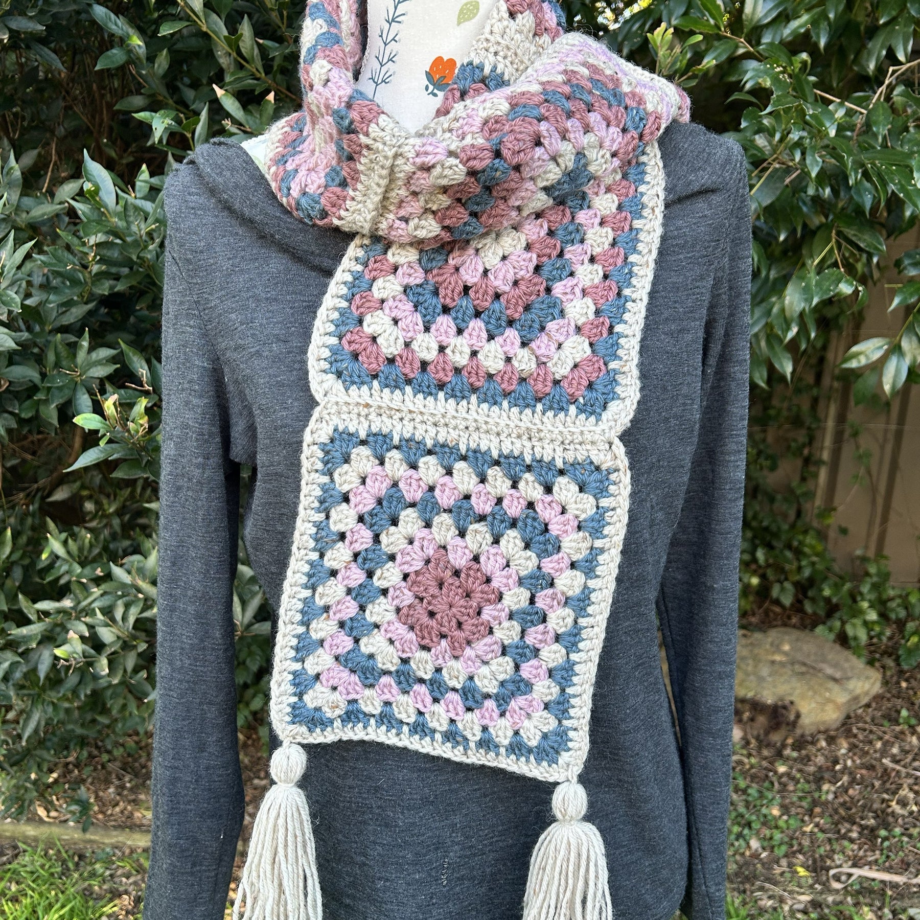 Granny Square Crochet Scarf with Tassels
