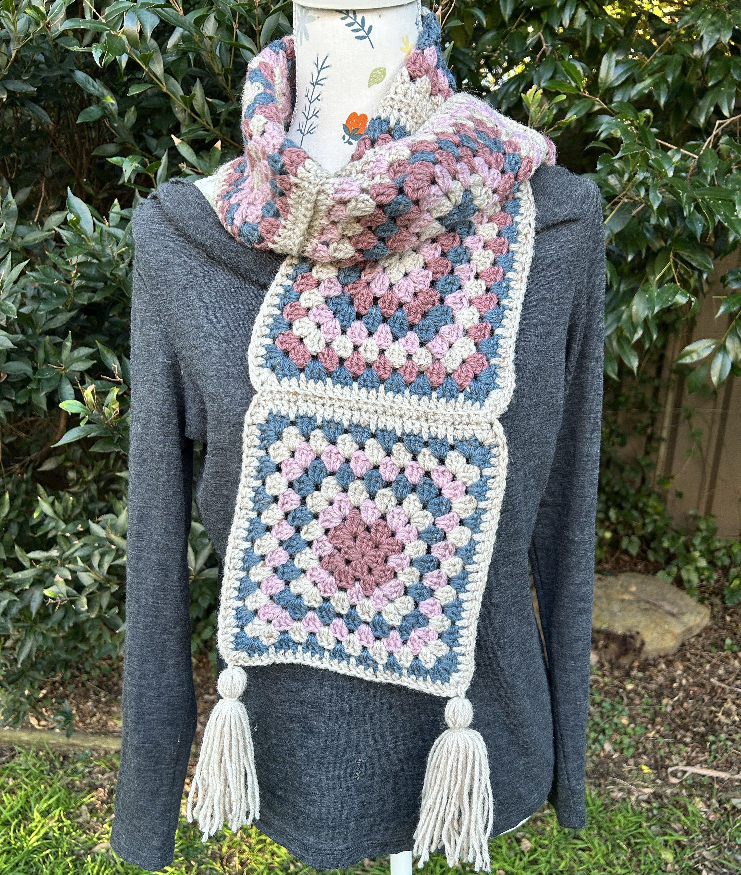 Granny Square Crochet Scarf with Tassels