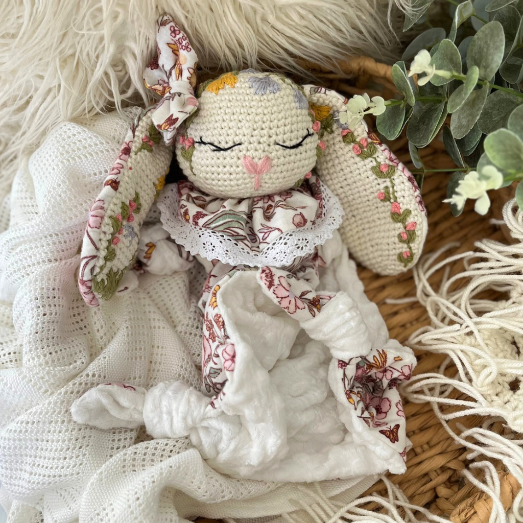 Crochet Personalised Bunny Snuggler, Crochet Embroidered Bunny Snuggler