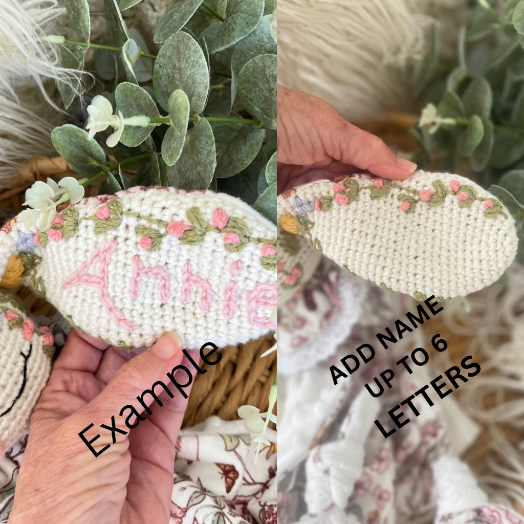 Crochet Personalised Bunny Snuggler, Crochet Embroidered Bunny Snuggler