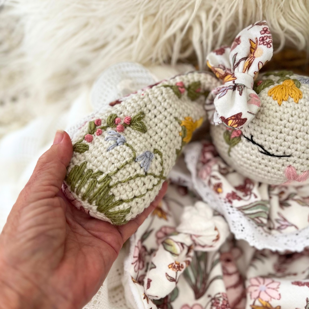 Crochet Personalised Bunny Snuggler, Crochet Embroidered Bunny Snuggler