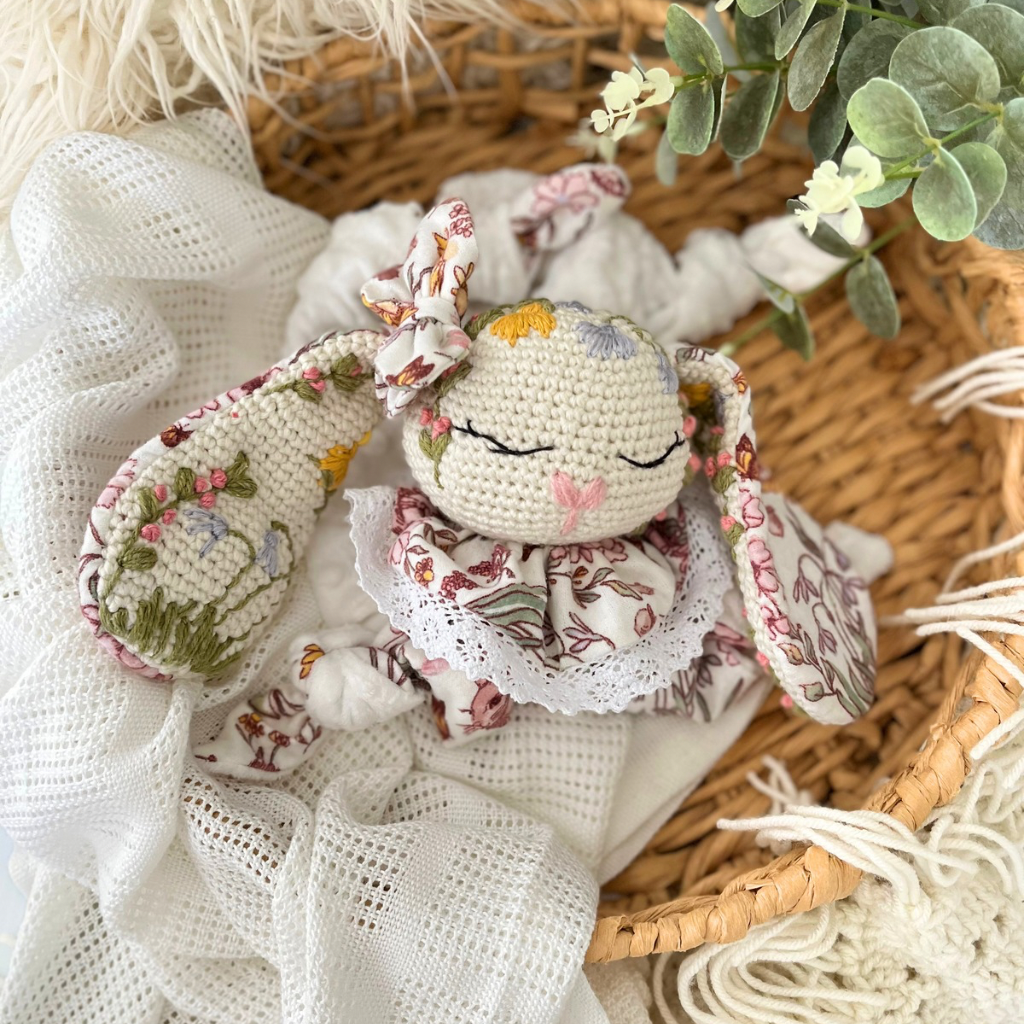 Crochet Personalised Bunny Snuggler, Crochet Embroidered Bunny Snuggler