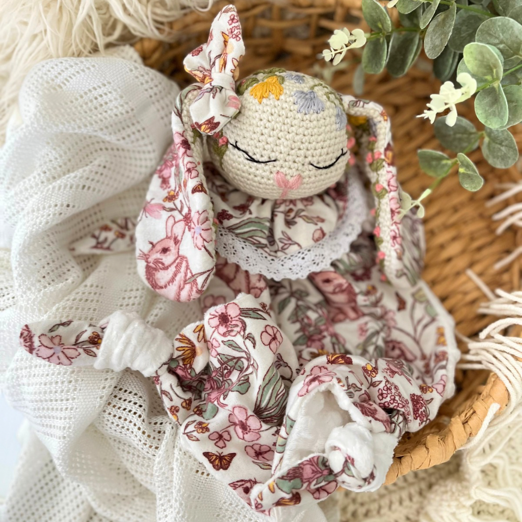 Crochet Personalised Bunny Snuggler, Crochet Embroidered Bunny Snuggler