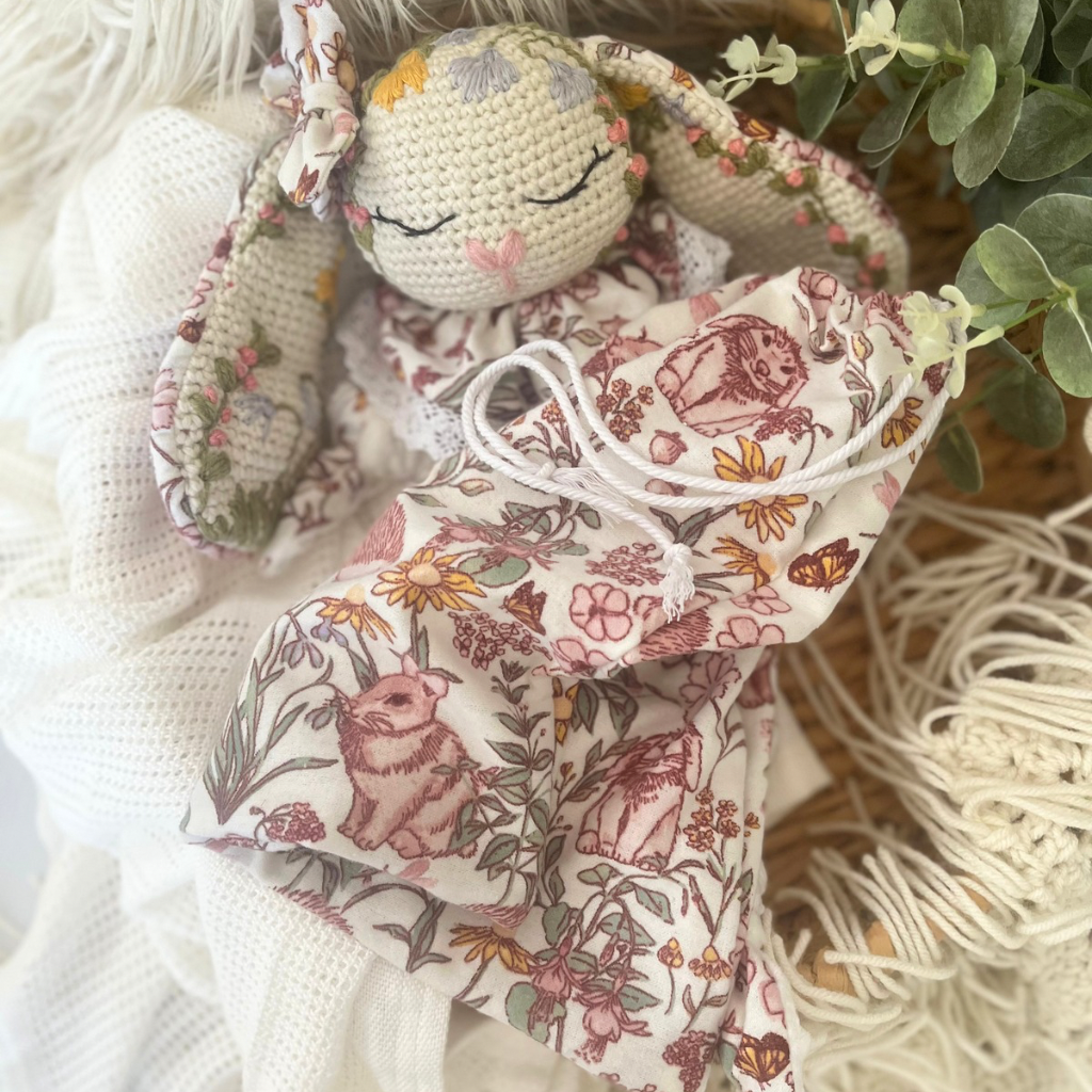 Crochet Personalised Bunny Snuggler, Crochet Embroidered Bunny Snuggler