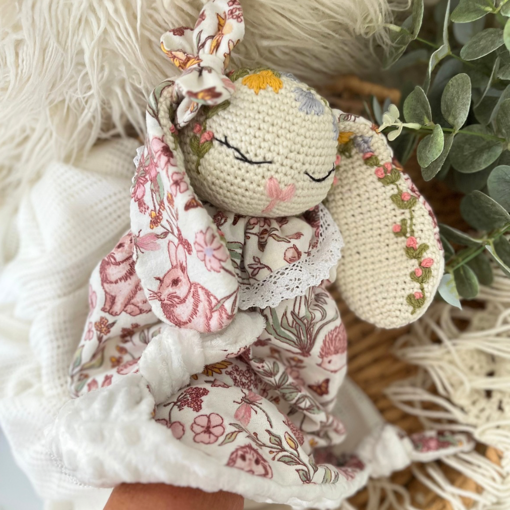 Crochet Personalised Bunny Snuggler, Crochet Embroidered Bunny Snuggler