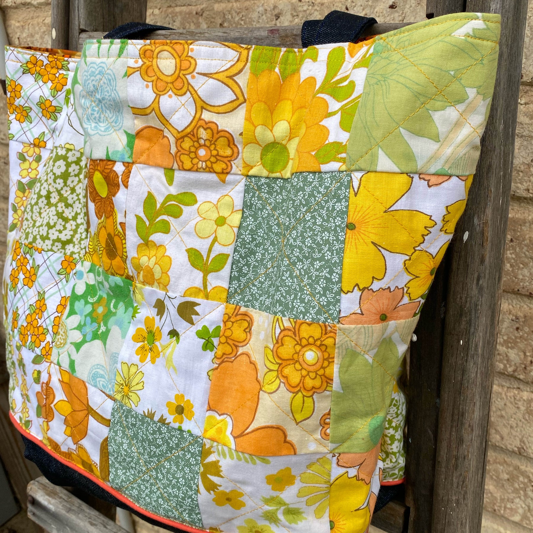 Sunny Denim Delight Handmade Tote Bag Upcycled Vintage Fabrics & Denim