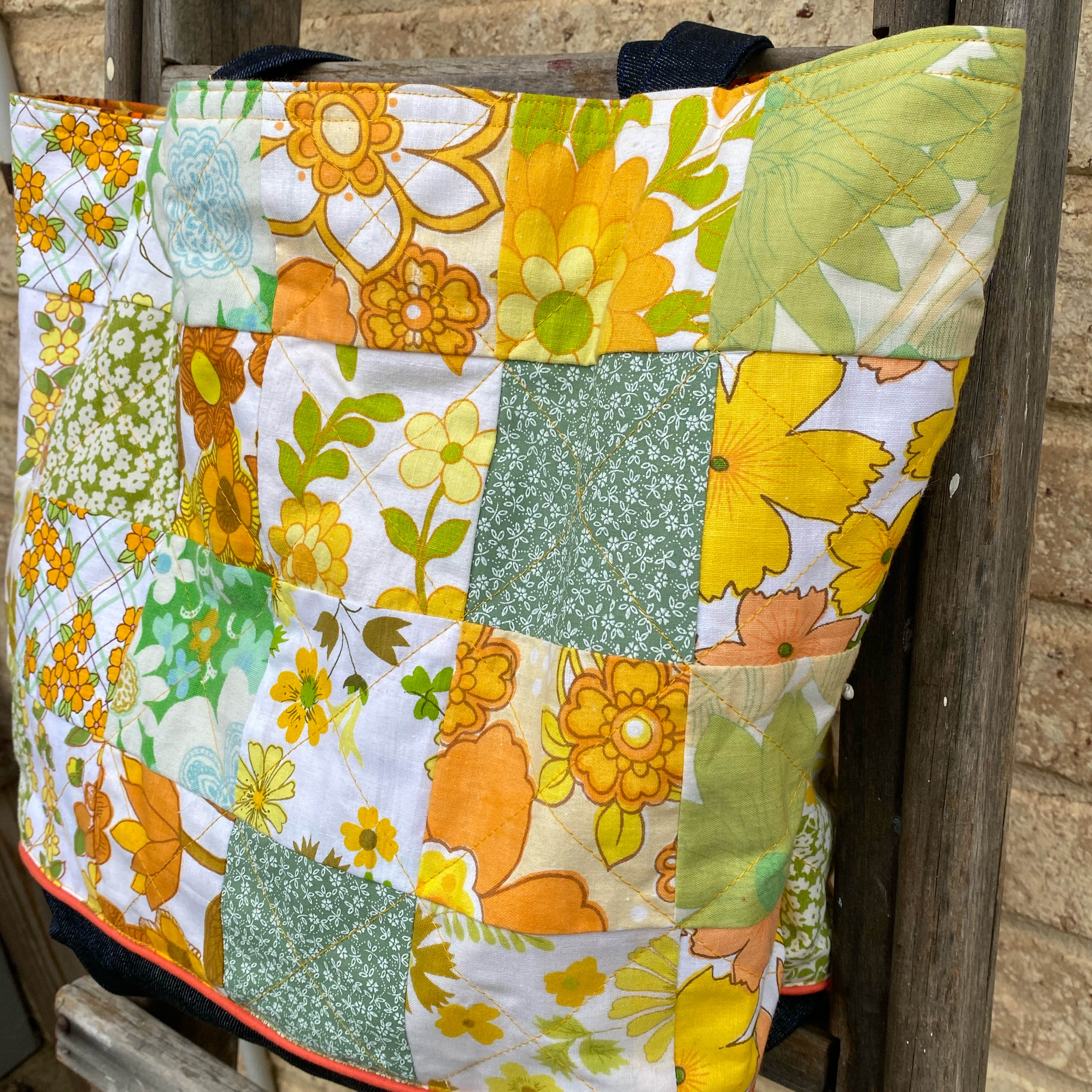 Sunny Denim Delight Handmade Tote Bag Upcycled Vintage Fabrics & Denim