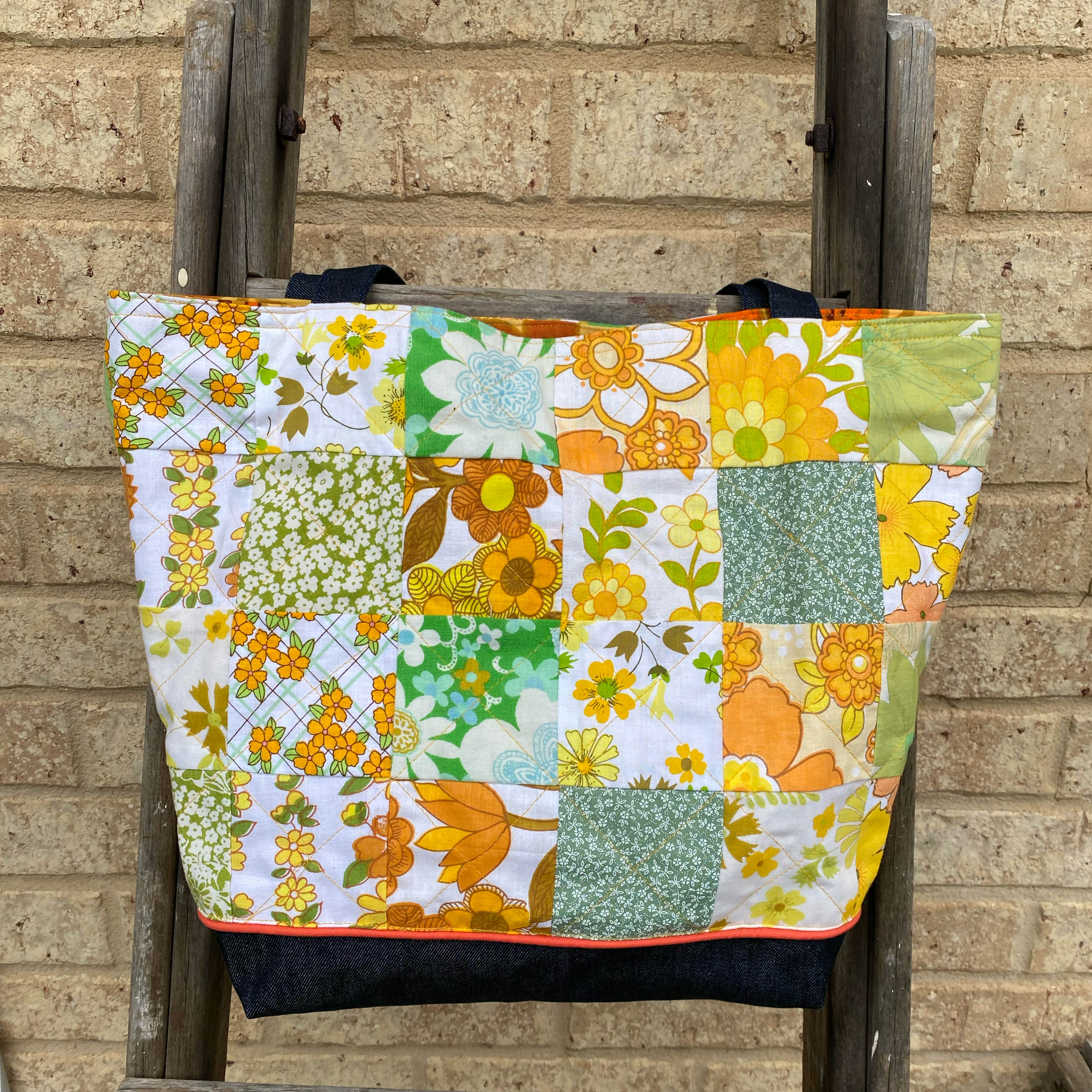 Sunny Denim Delight Handmade Tote Bag Upcycled Vintage Fabrics & Denim