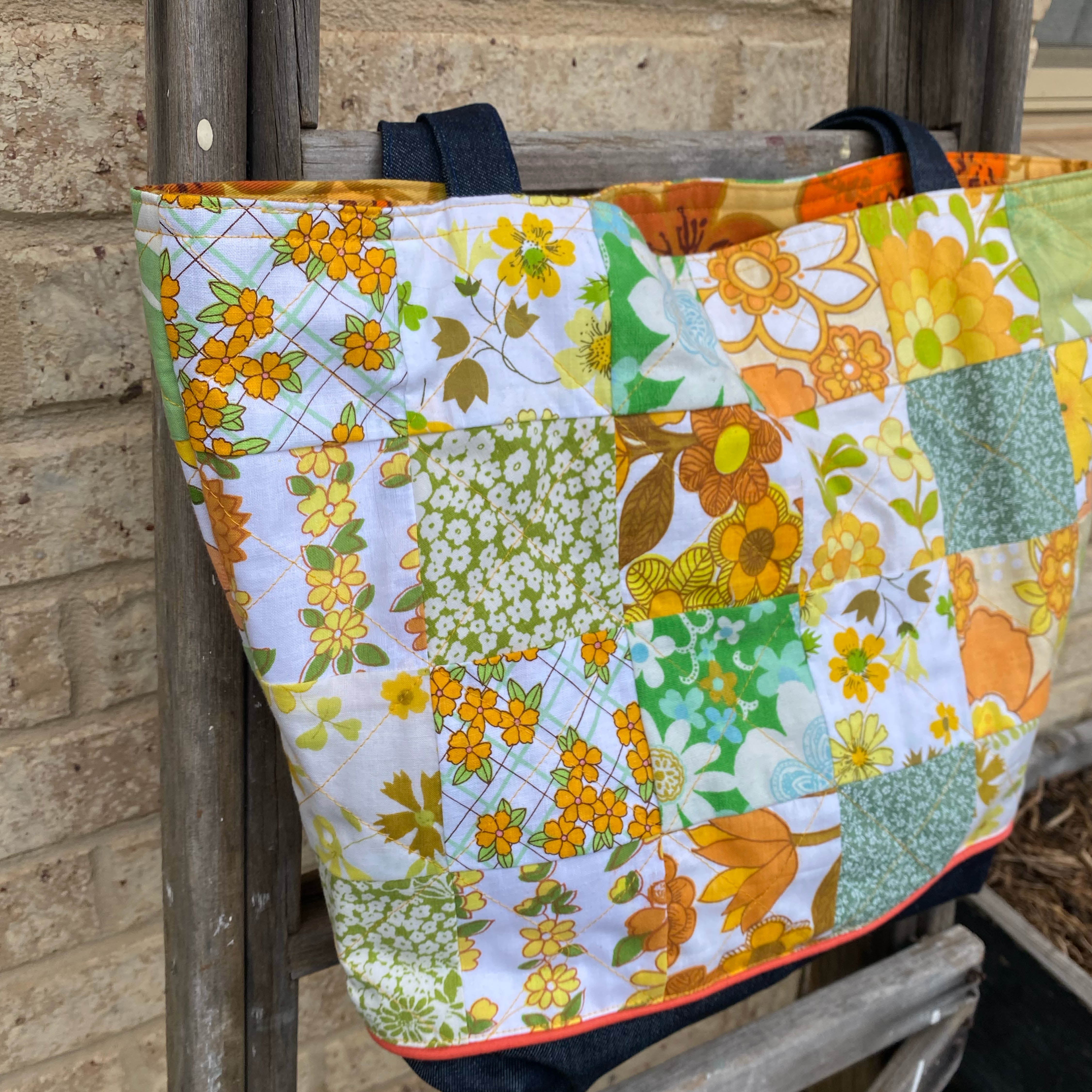 Sunny Denim Delight Handmade Tote Bag Upcycled Vintage Fabrics & Denim