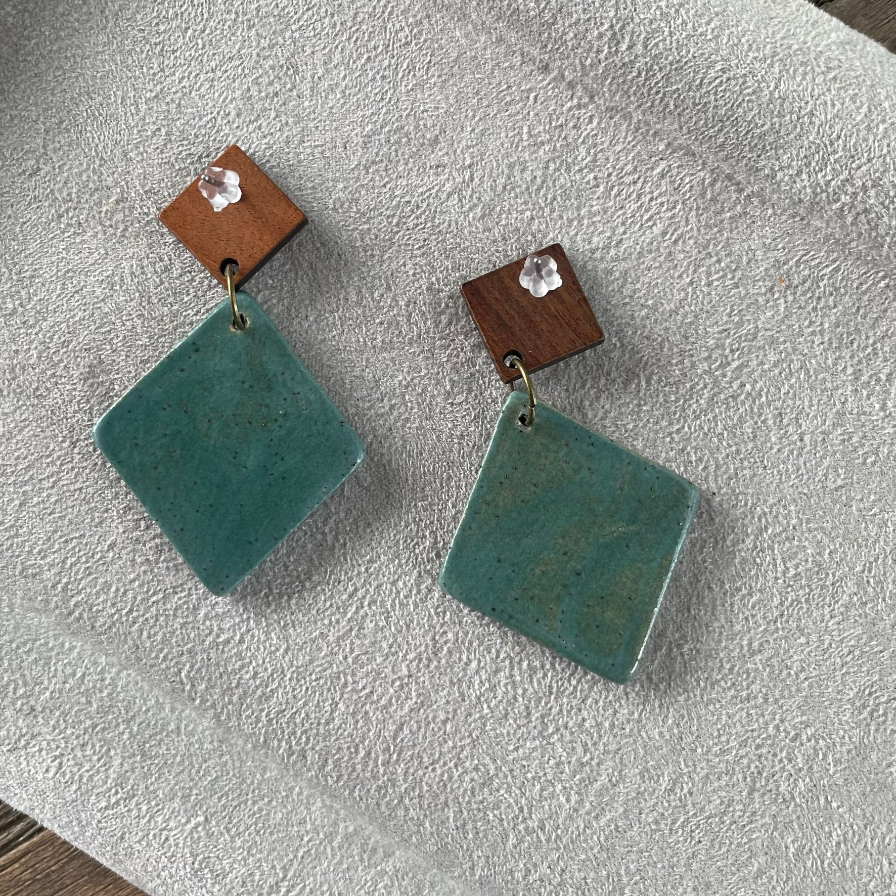 Earrings - Turquoise Ceramic leaf pattern with wooden stud