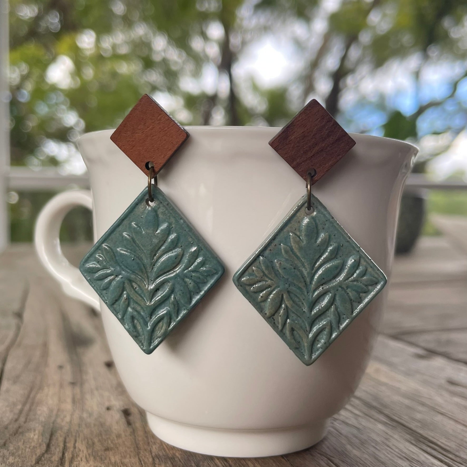 Earrings - Turquoise Ceramic leaf pattern with wooden stud